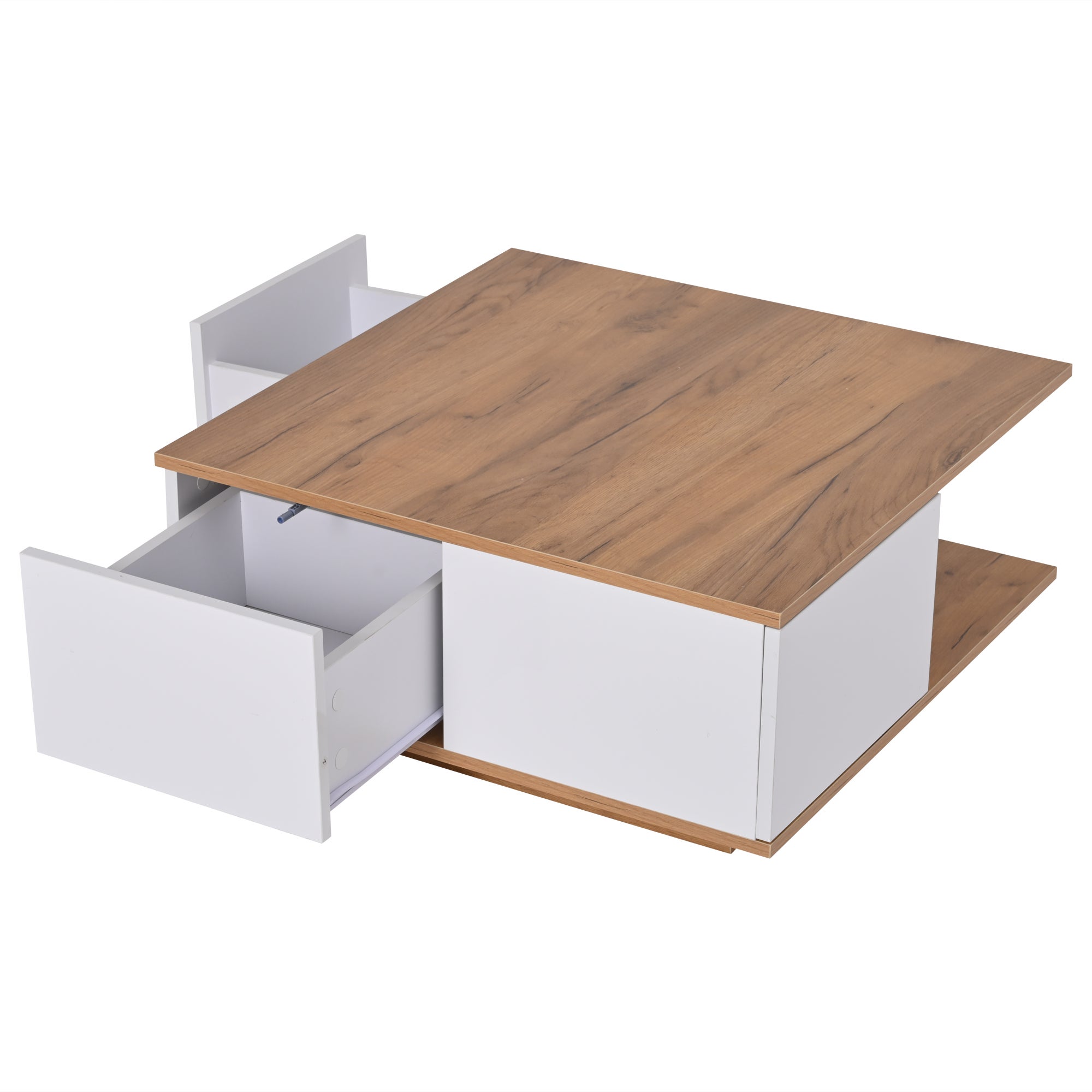 Table basse 70x70x31.5 cm - 3 tiroirs - Plateau carré - Panneaux de particules - Blanc + Naturel - 7