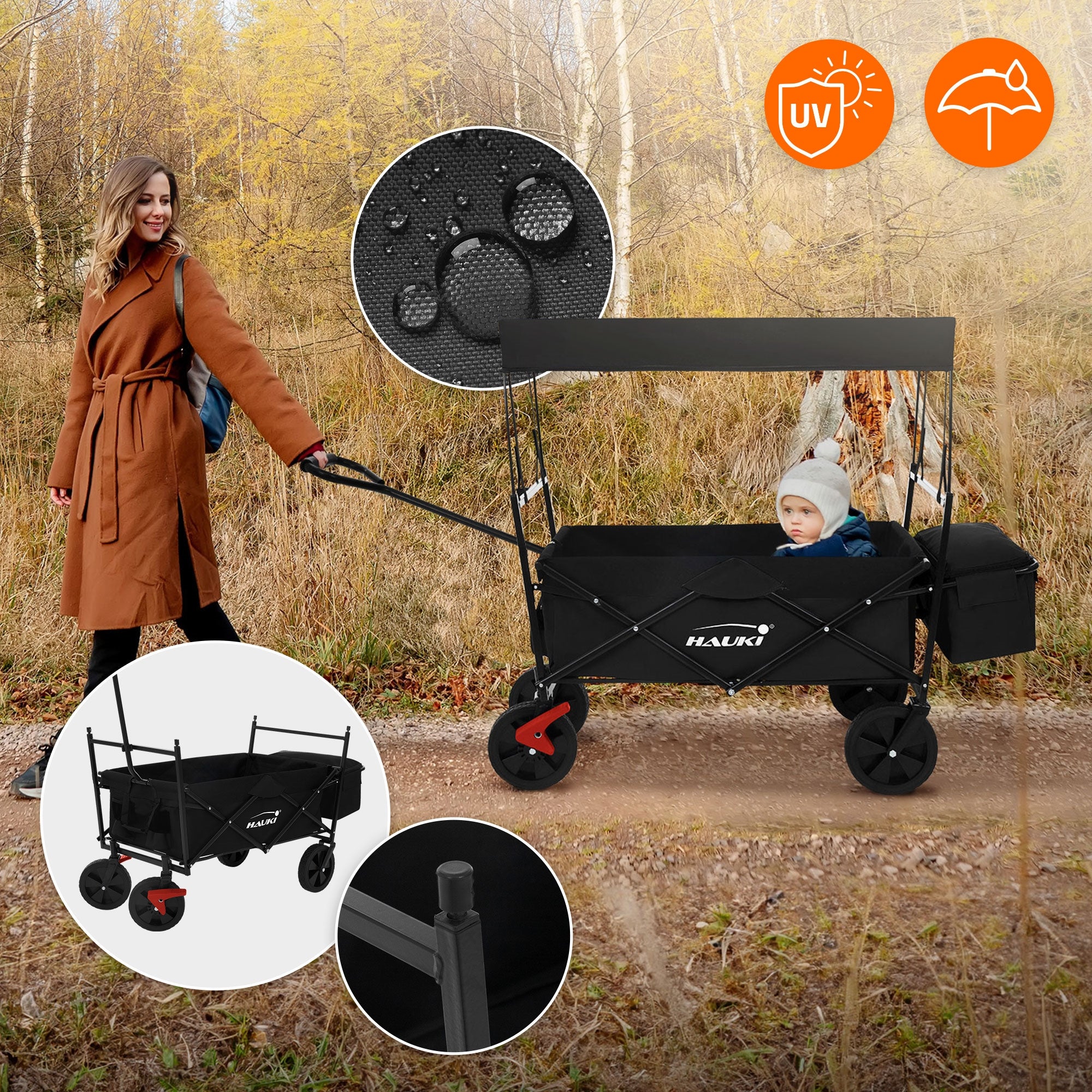 Chariot de transport pliable avec toit noir avec poches pour enfants charge 80kg - 5