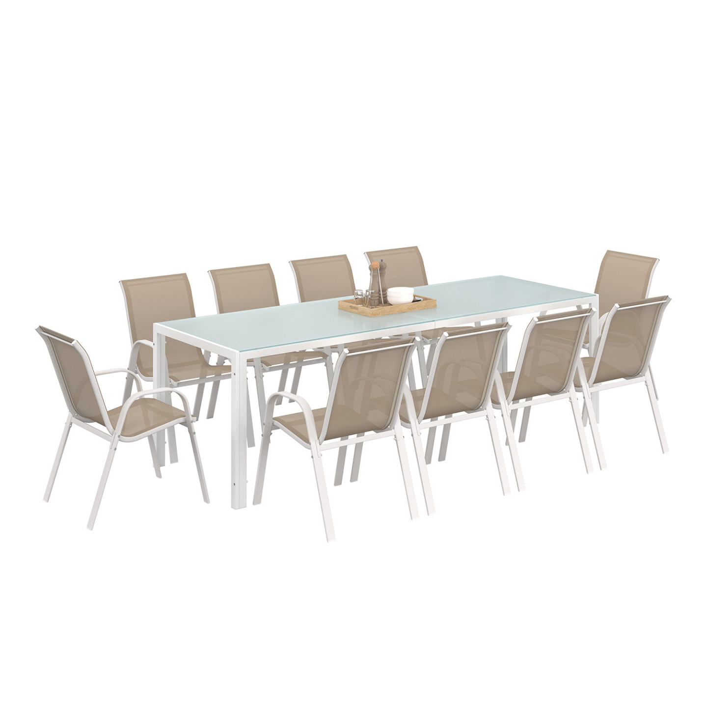 Salon de jardin MADRID table 240 CM et 10 chaises empilables blanc et beige - 2