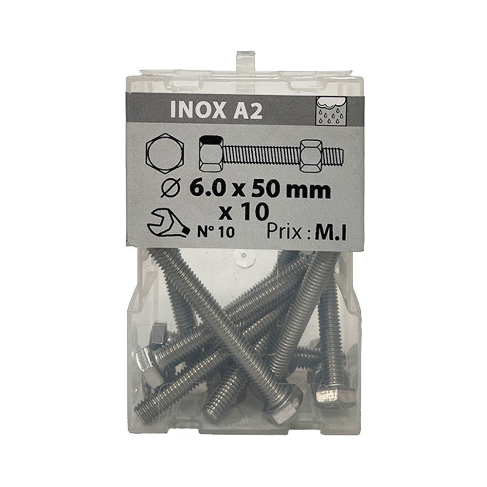 Boite 10 vis 6 x 50mm têtes hexagonale + écrou inox A2 - Viswood ...