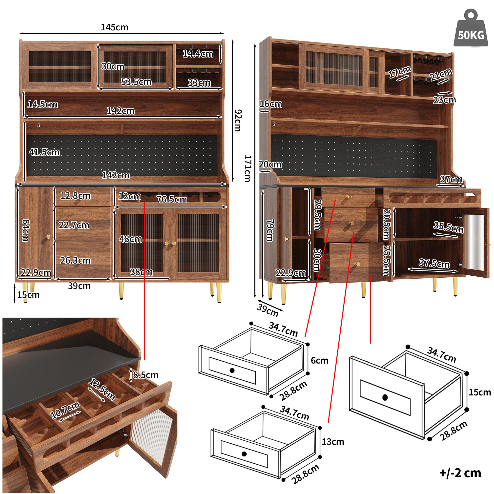 Meuble de cuisine avec étagères réglables145×39×171cm,Buffet de salon avec Lumières LED et casier à vin,3 tiroirs,Convient aux salon et cuisine,Noyer - 5