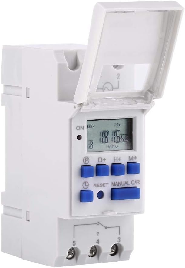 Temporizador semanal programável com 16 temporizadores liga/desliga, display LCD em trilho DIN, branco (220 V)