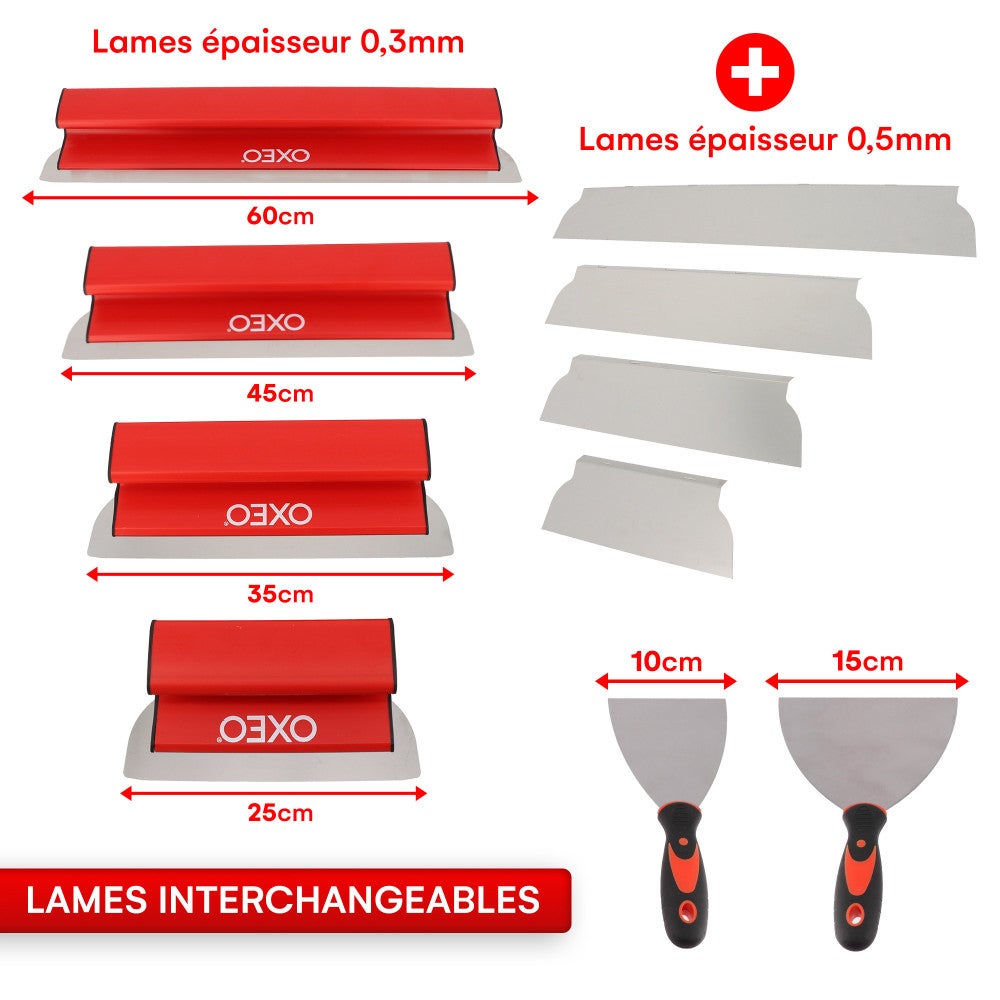 Lames à Lisser plaquiste - Coffret lames 0.35mm et 0.5mm - Acier inoxydable - Perche extensible - Lames souples et rigides - 2