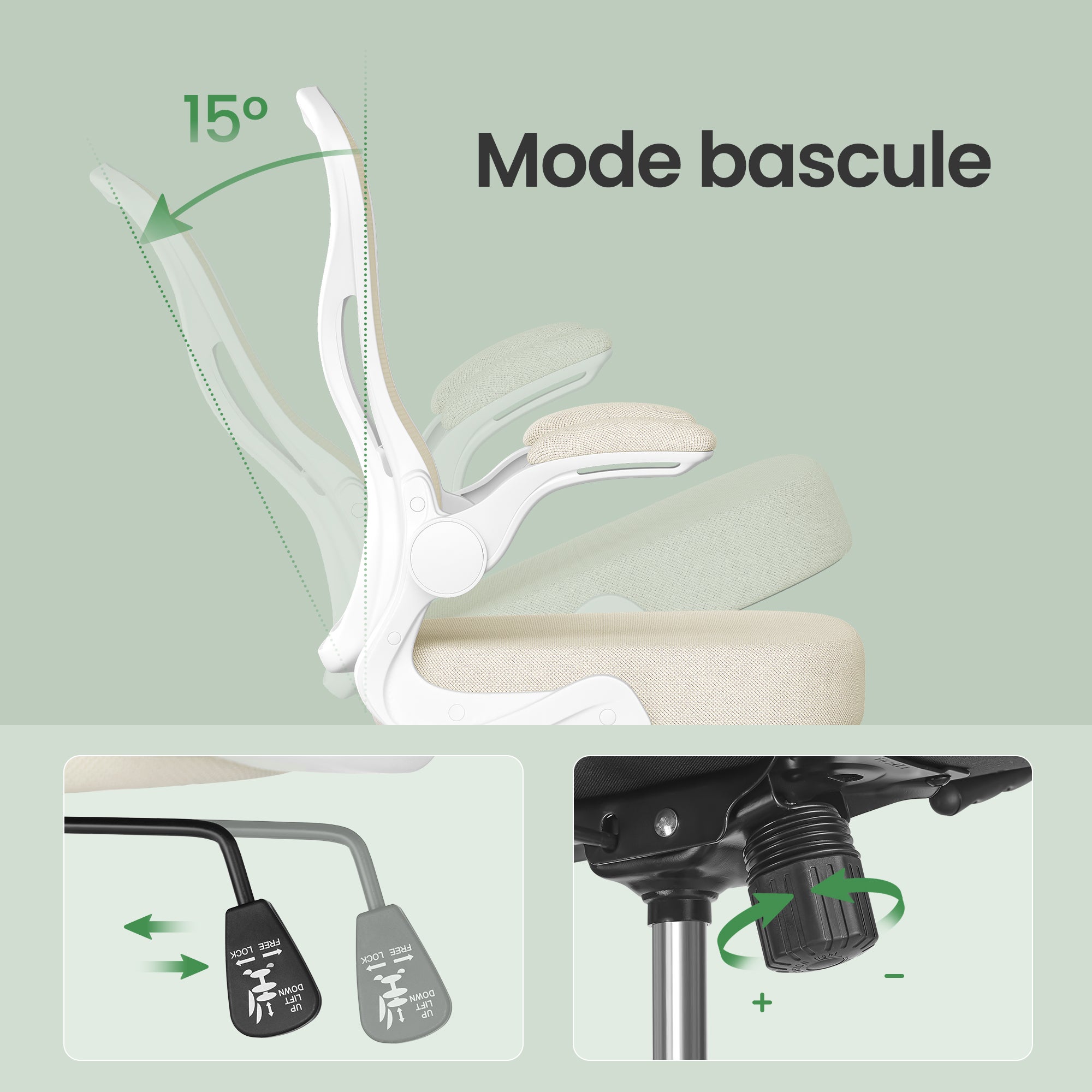 SONGMICS Chaise de Bureau Ergonomique, en Maille, Fonction Bascule, Accoudoirs Rabattables, Beige et Blanc - 4