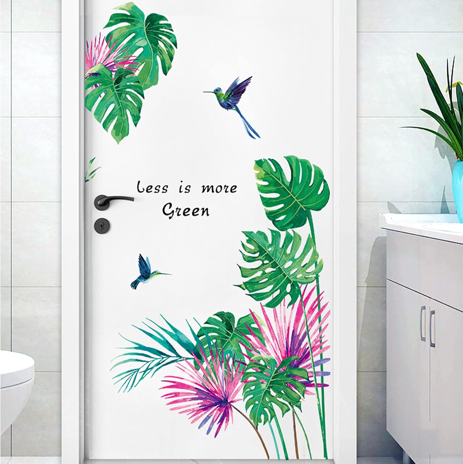 Naklejka ścienna z zielonym liściem monstery i kolibrem, naklejki ścienne z tropikalnymi roślinami i liśćmi palm, dekoracje ścienne DIY do domu