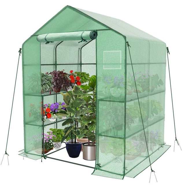 Serre de jardin avec étagères 143x143x195cm vert - bâche renforcée 135g/m², fenêtre moustiquaire, porte enroulable zippée - VOUNOT®
