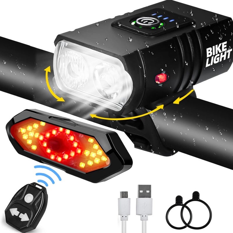 Lampă de bicicletă reîncărcabilă USB, 1000 lumeni față-spate, semnalizator cu telecomandă, claxon, impermeabilă IPX5, MTB
