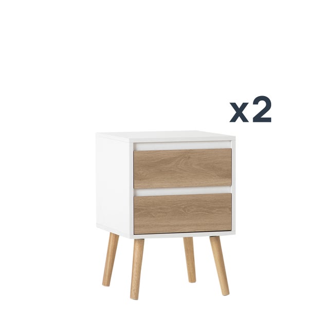 Pack 2 mesas de cabeceira com 2 gavetas cor branco e natural Kemi