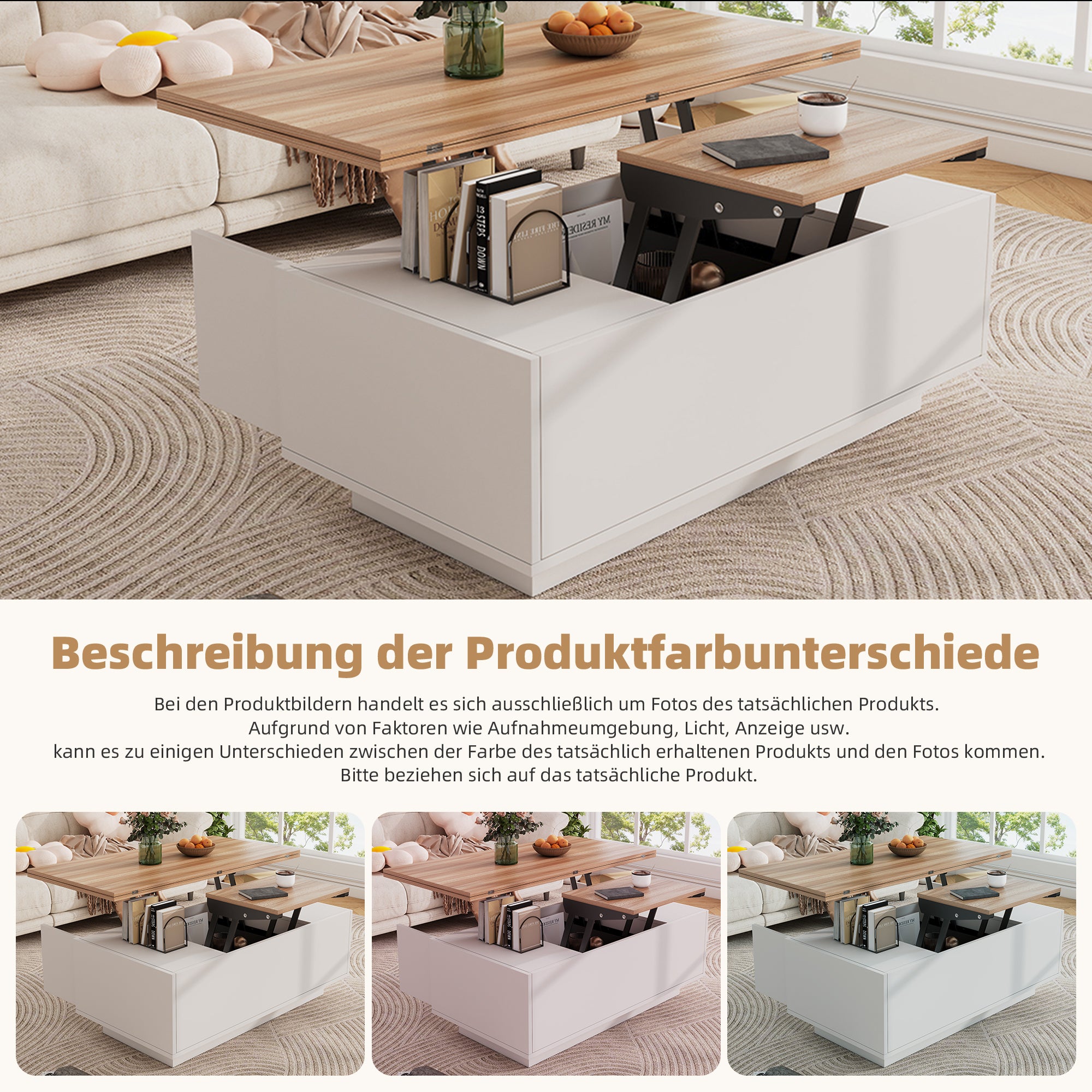 Stolik kawowy z 2 podnoszonymi blatami i 2 małymi drzwiczkami - 100 x 50 x 55,5 cm - Płyta wiórowa - Biały + naturalny - 4