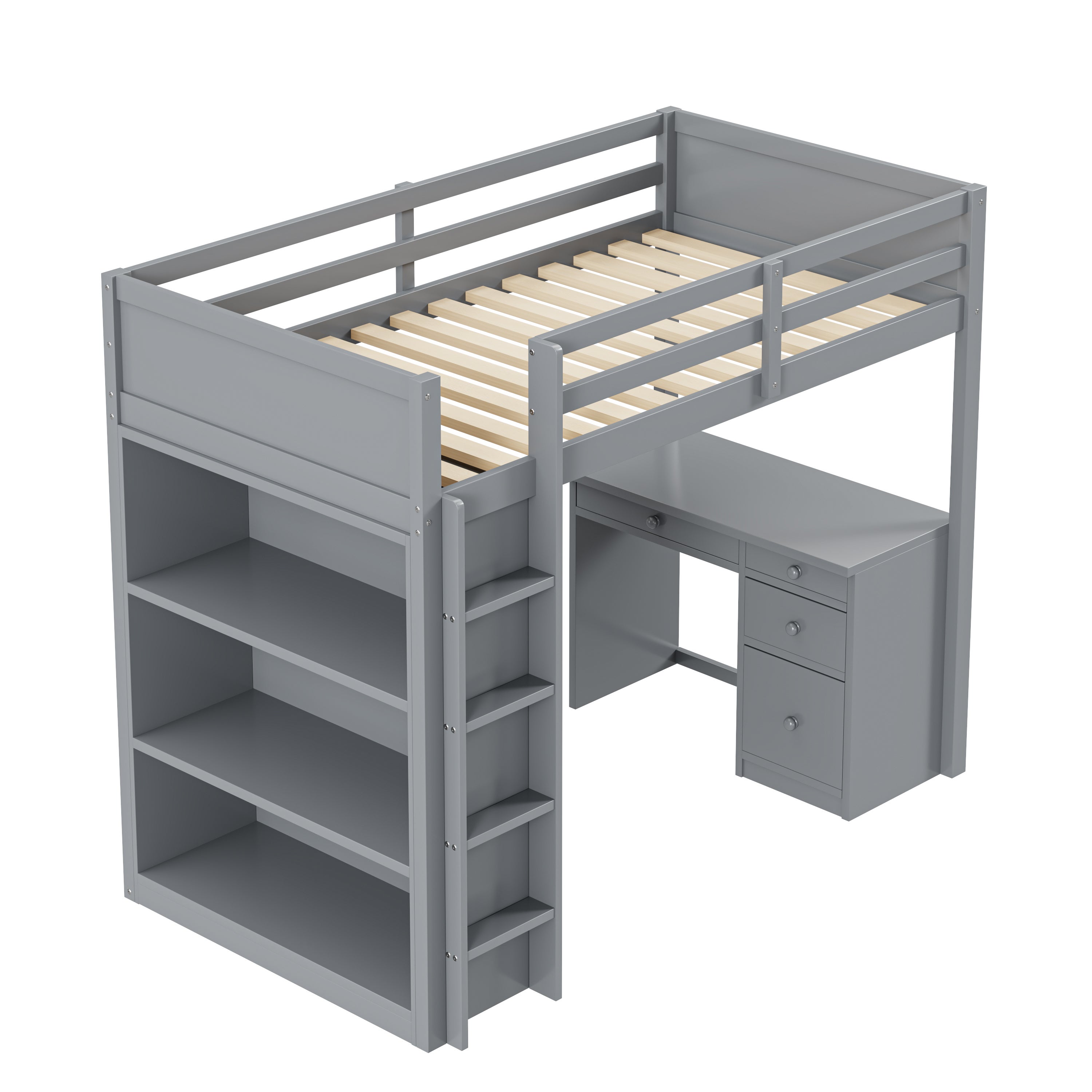 Letto a soppalco 90 x 200 cm con armadietti e scrivania per computer, letto a soppalco multifunzionale in legno per bambini in grigio - 5