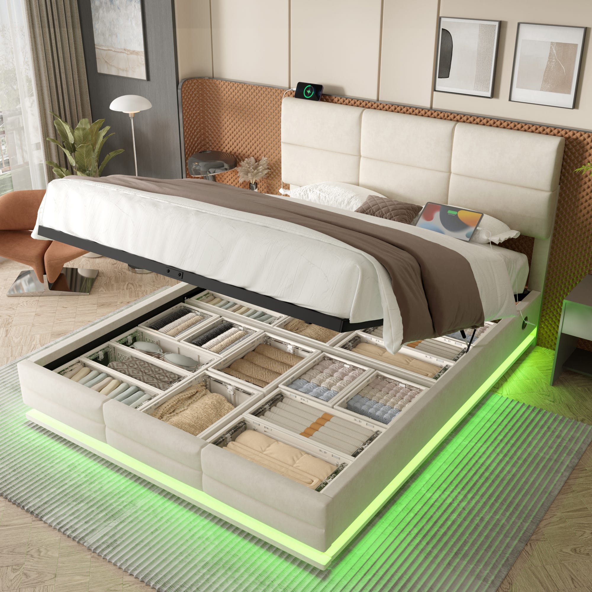 Letto contenitore 180 x 200 cm con testiera contenitore - Presa USB e Letto contenitore 180 x 200 cm con testiera contenitore - Presa USB e
