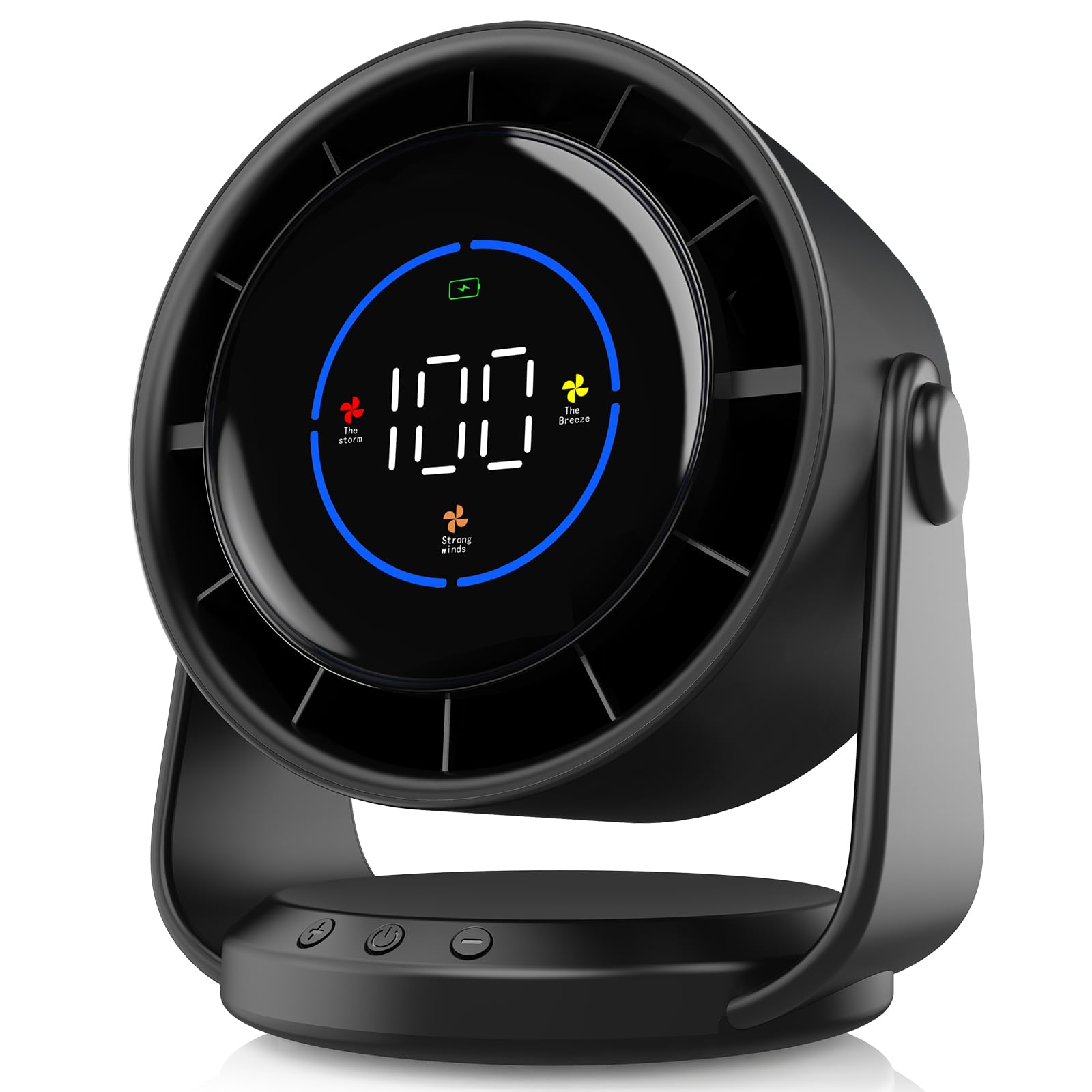 Ultra-cichy wentylator stołowy ścienny, wyświetlacz cyfrowy, ładowany przez USB, głowica obrotowa 360° (czarny)