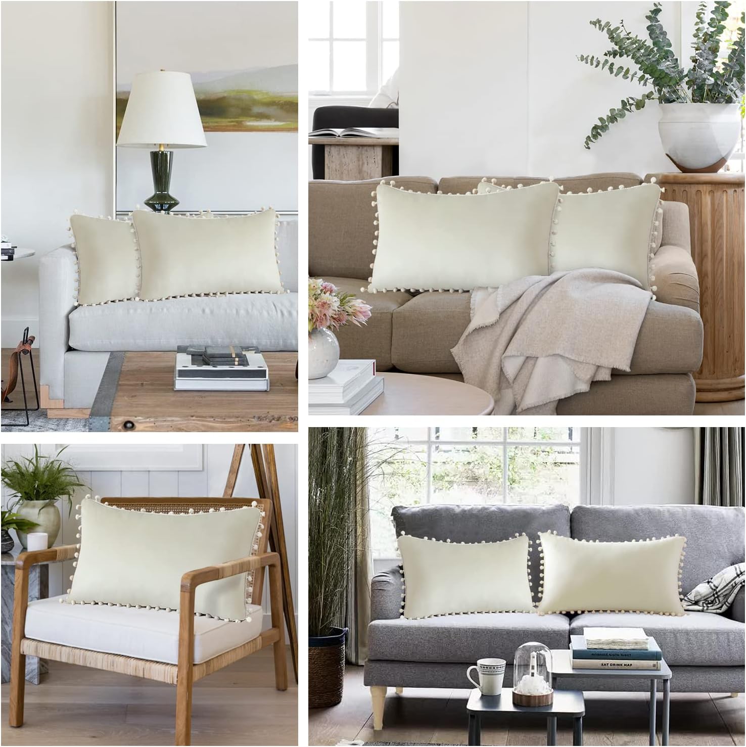 (30x50 cm, Blanc Crème)Lot de 2 Housses de Coussin Décoratives en Velours Doux Pompons Taies d'oreiller Décoration D'intérieur Housse Coussins pour Ca - 4