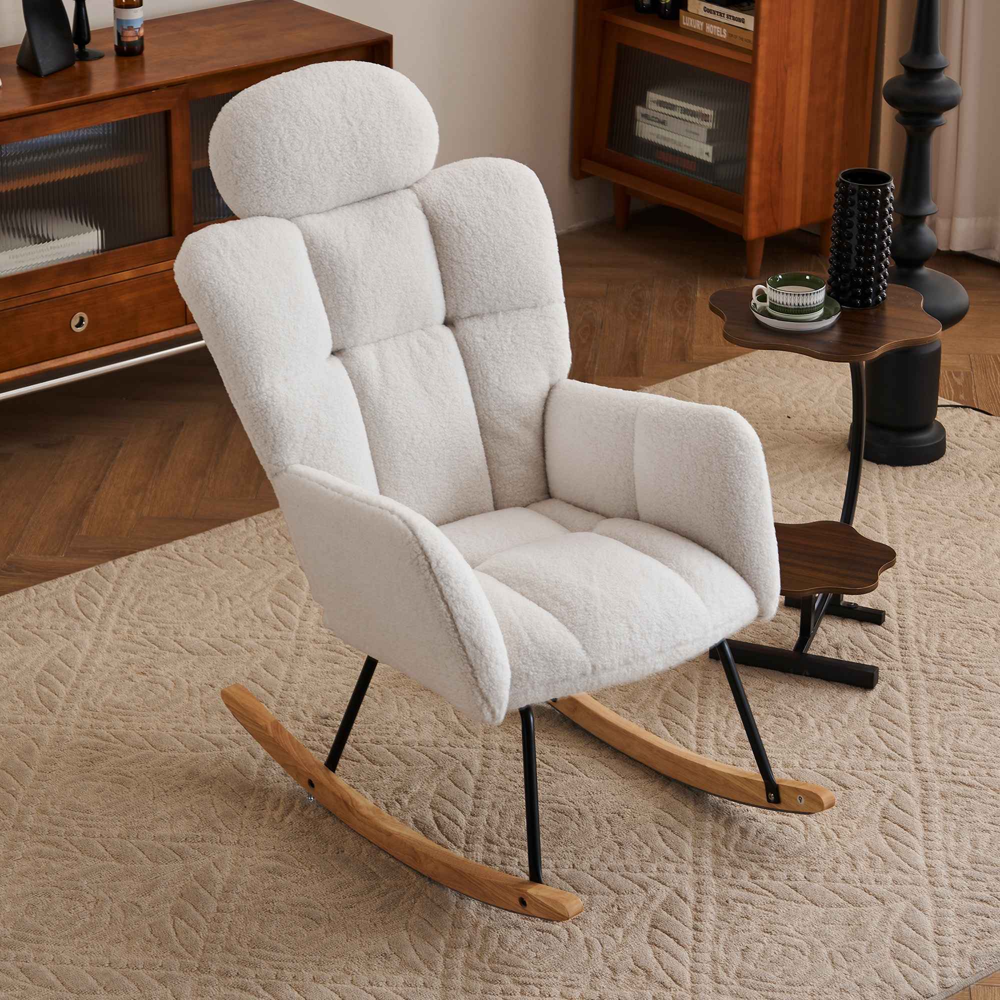 Chaise à bascule en tissu Teddy doux, matelassée, avec dossier en mousse, structure bois et base métallique noire, blanche, pour salon et chambre - 2