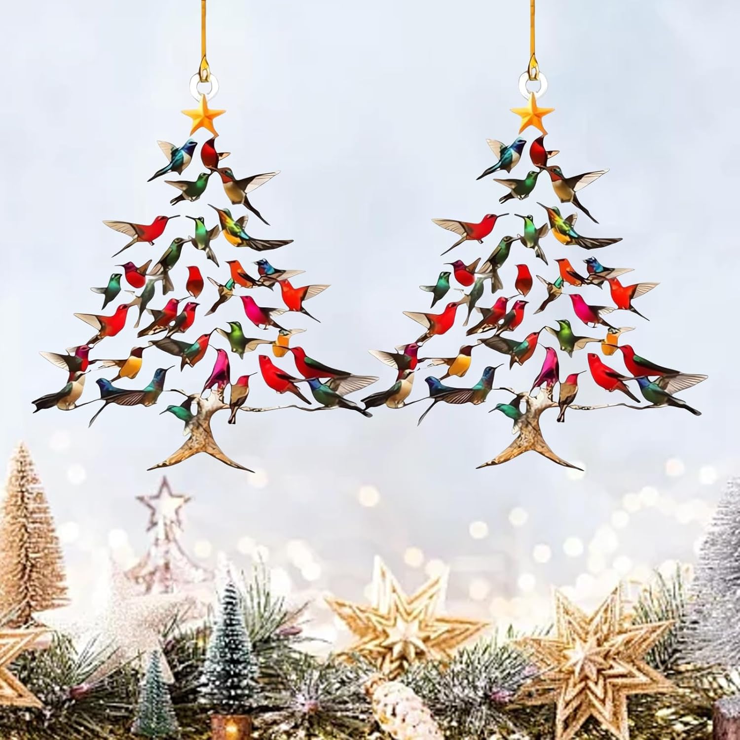 2 décorations de Noël colorées en forme de colibri,surface plane en acrylique,décorations pour arbres de Noël,cadeaux pour les amoureux des oiseaux - 6