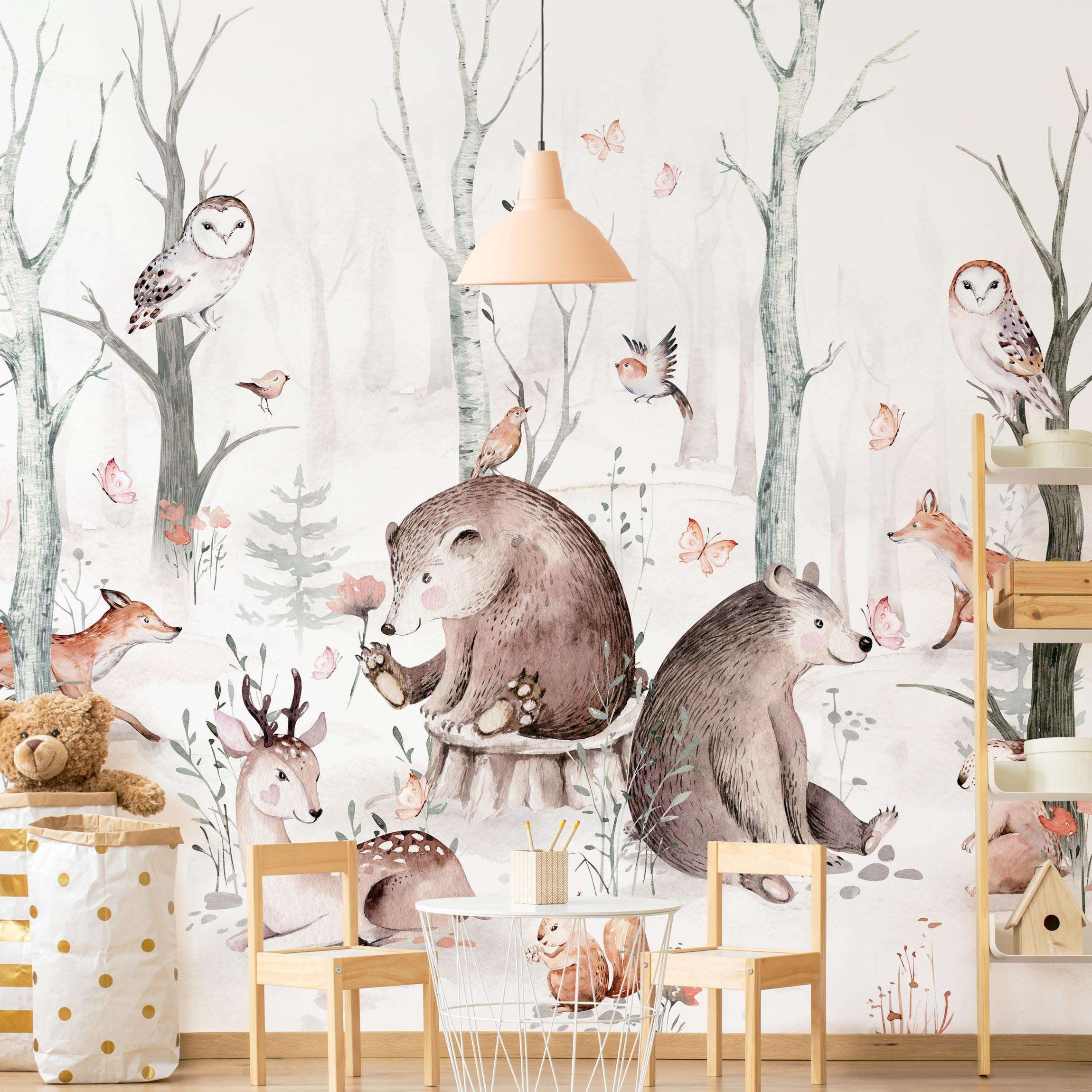 Papel pintado fotomural acuarela bosque animales arte naturaleza 358 - habitación infantil niño habitación niña - tnt 240 x 240 cm adhesivo