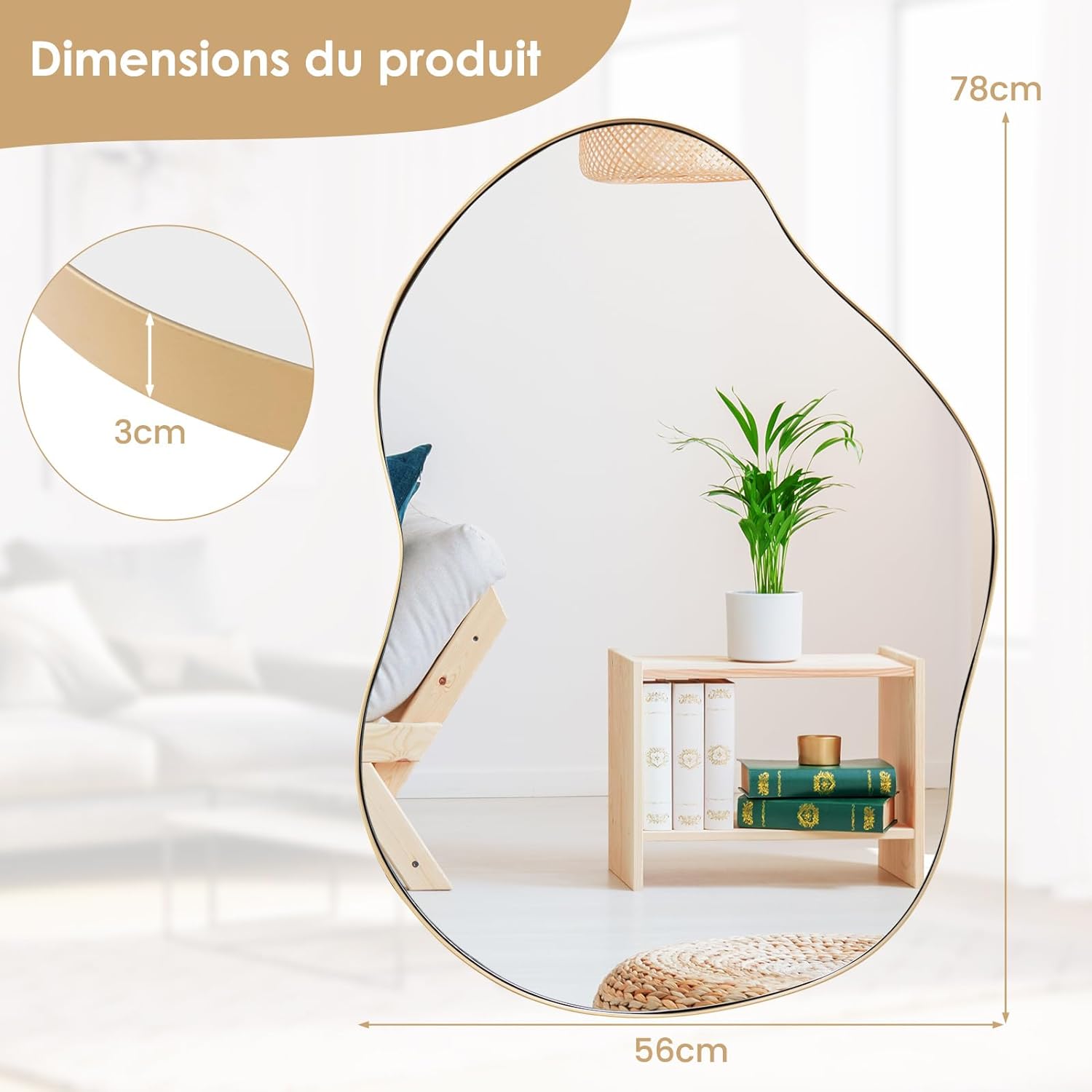 Miroir Mural Décoratif 78 x 56cm, Miroir en Forme Irrégulière avec Réflexion HD Claire, Cadre Métallique, Or - 2
