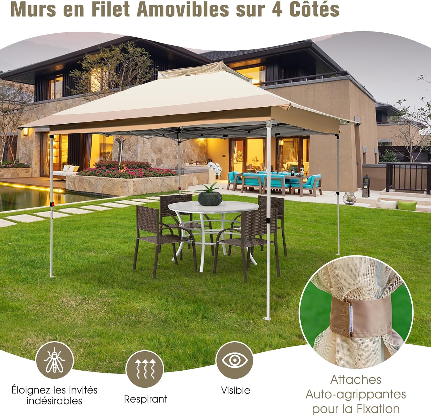 Gazebo Pieghevole da Giardino 3,6 x 3,6m, Gazebo Pop-up con Borsa da Trasporto con Ruote, Regolabile in Altezza, per Feste, Barbecue, Giardino - 8