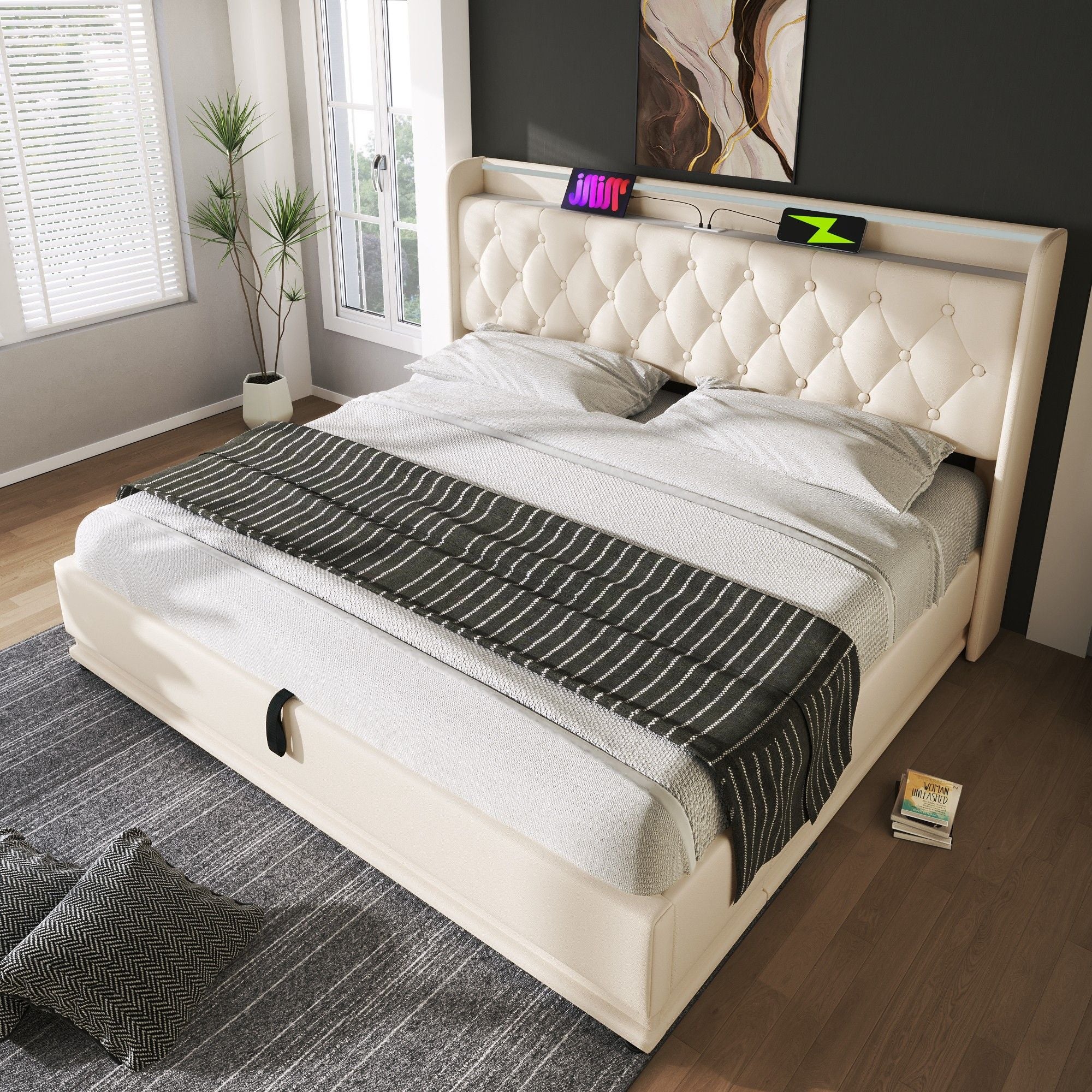 Lit Suspendu 160x200 Avec LED RGB Et Rangement – Tête De Lit Rembourrée PU, Charge USB, Sommier Inclus, Blanc