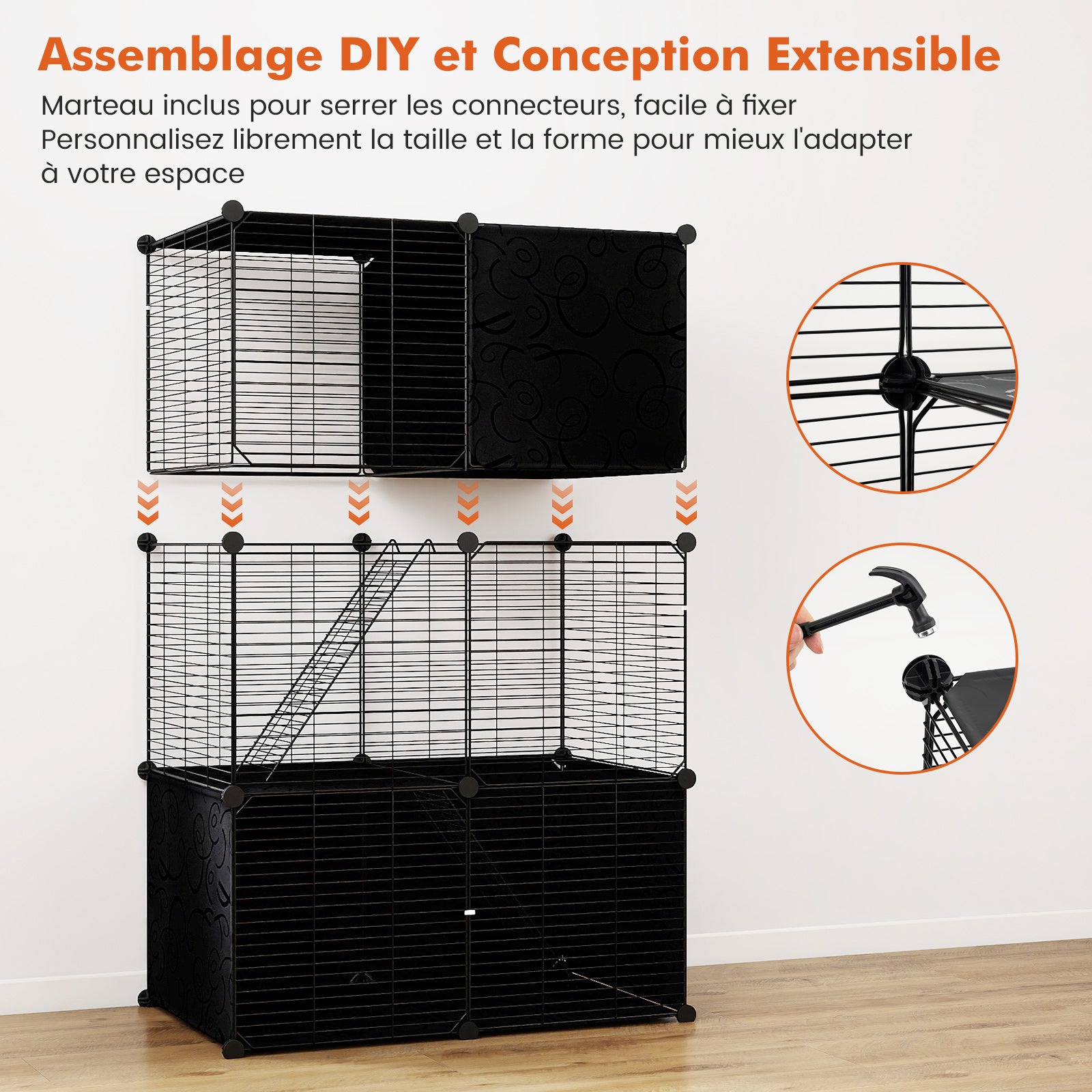 Grand Cage Chat à 3 Niveaux, Enclos pour Chats en Fil Métallique, 3 Portes et 2 Rampes, Cage Modulable DIY, Serrure de Porte, pour Petite Animaux - 8