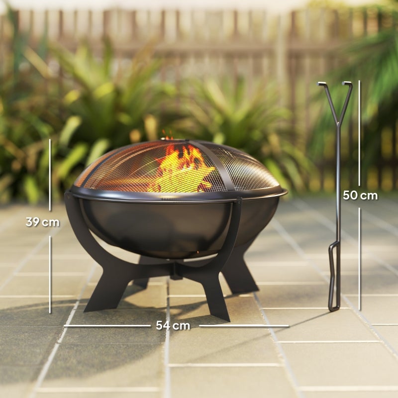 Brasero de metal redondo de Ø54 x 39 cm con protección contra chispas, atizador, portátil, para jardín, camping, color negro - 3