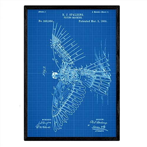 Nacnic poster con patente de alas humanas 2 lámina con diseño de patente antigua en tamaño a3 y con fondo azul