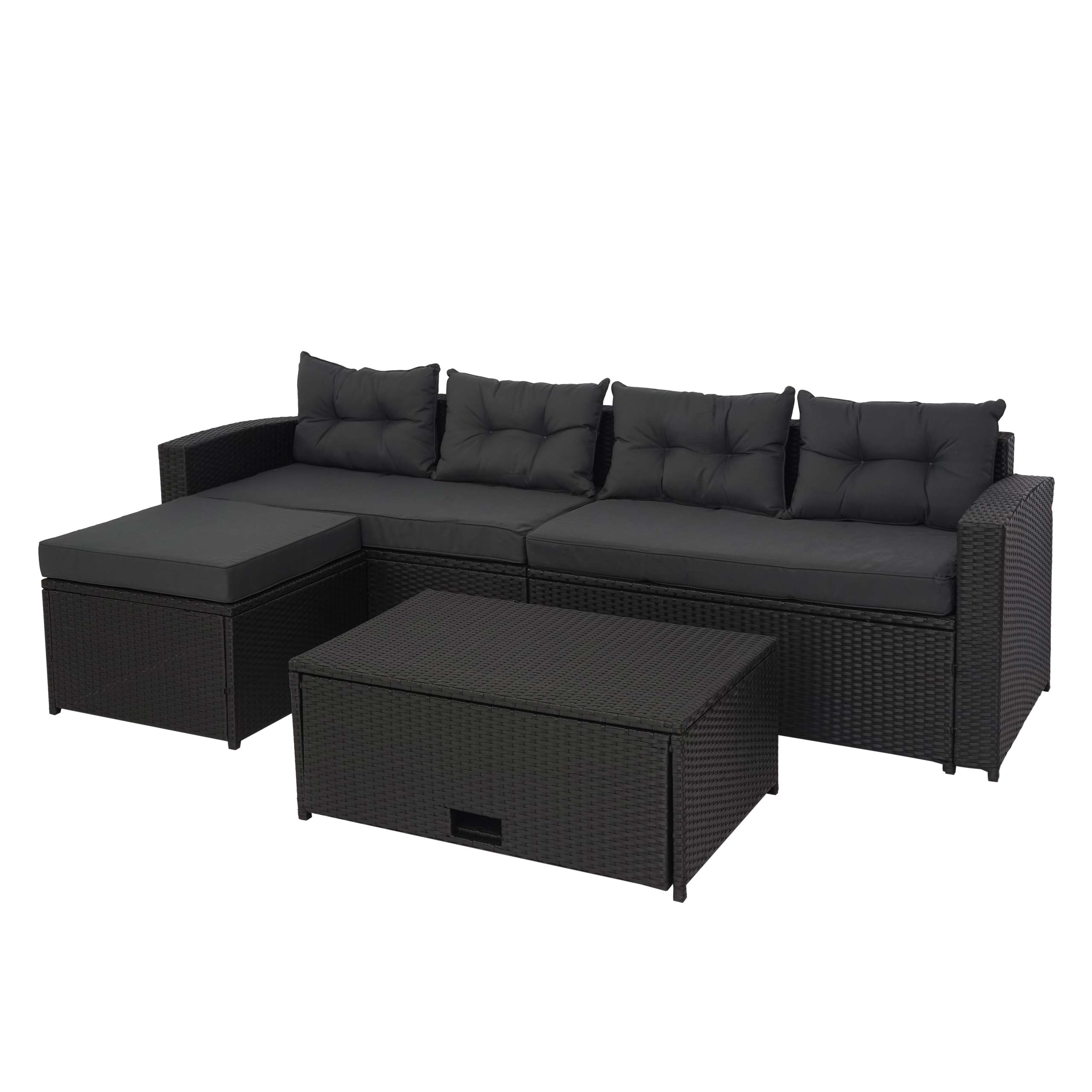 Zestaw polirattanowy HWC-J34, zestaw balkonowy/ogrodowy/salonowy Sofa, schowek ~ Czarny, ciemnoszare poduszki