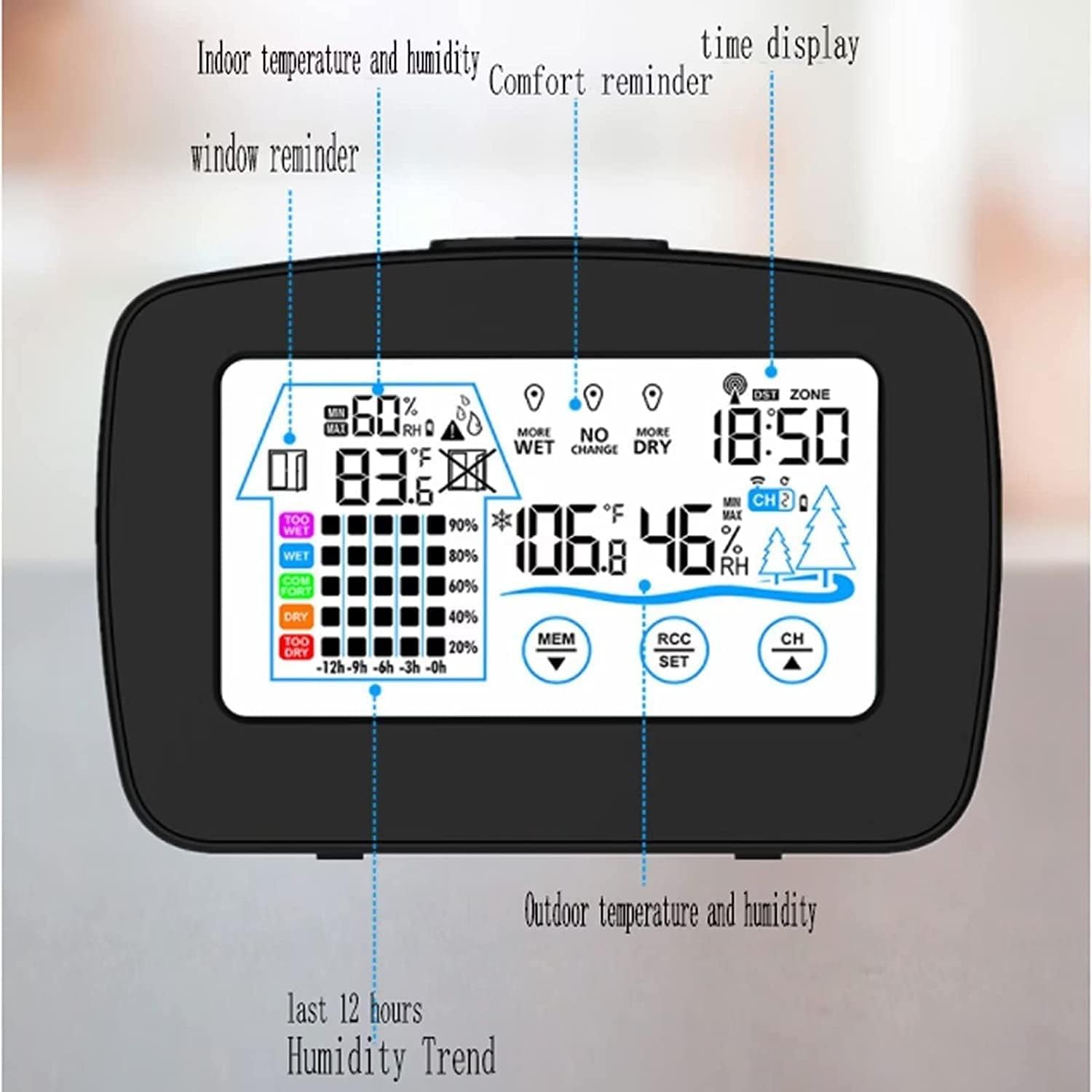 Station météo radio avec capteur extérieur, horloge radio numérique DCF, thermomètre hygromètre, thermomètre sans fil avec piles - 4