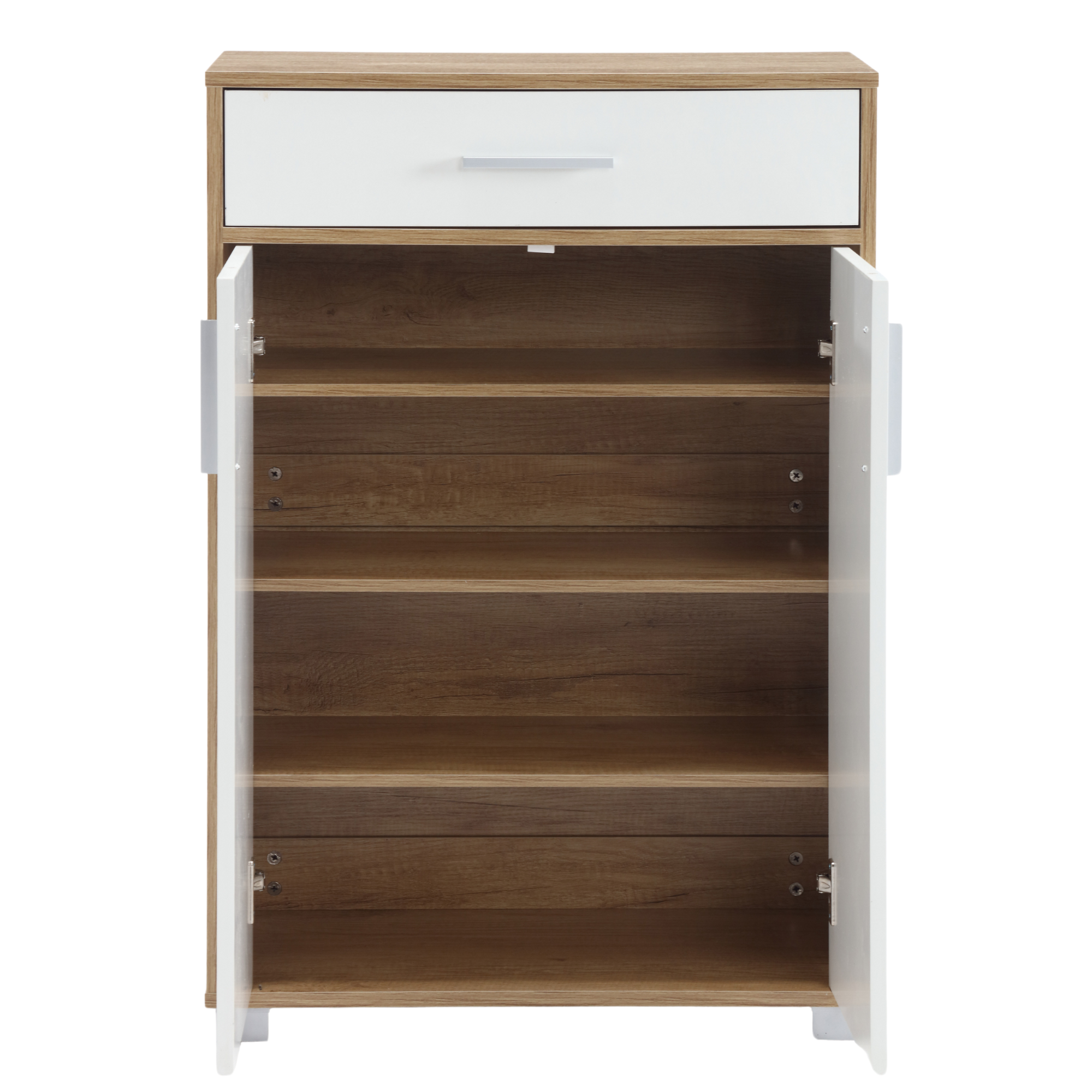 Meuble à chaussures peu encombrant 2 portes 1 tiroir 5 étagères 63 x 33 x 95 cm Meuble en bois Armoire d'entrée, design blanc et chêne - ZIK - 2