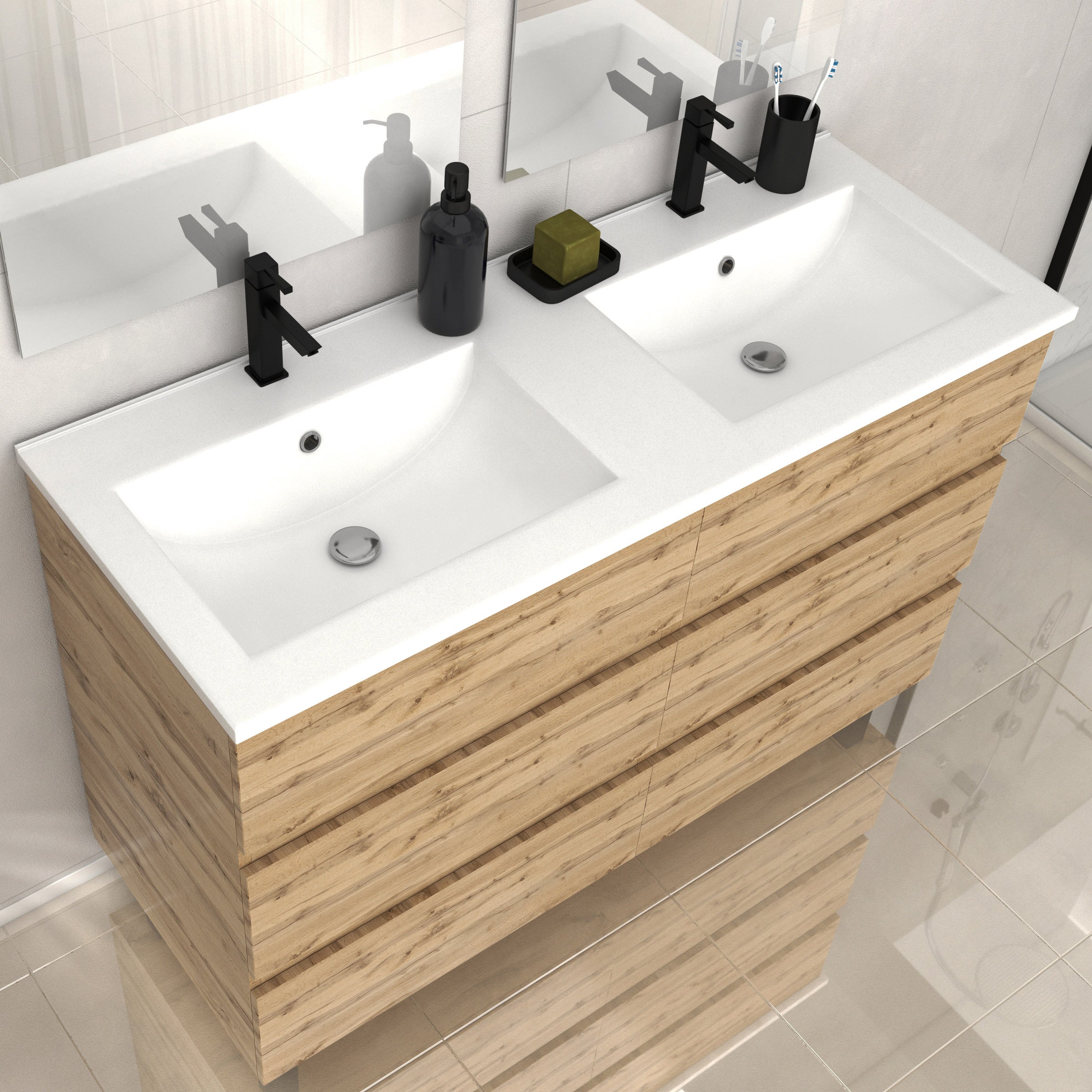 Meuble de salle de bains 120cm 6 Tiroirs_Chêne Naturel + Vasque céramique blanche - TIMBER 120 - 5