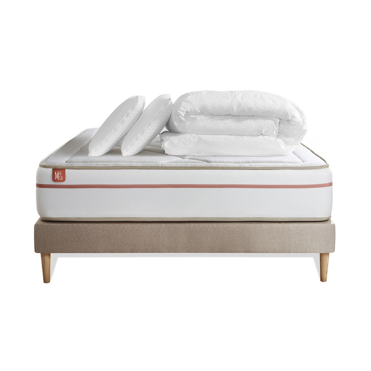 Matelas 160 x 200 cm Le Paisible - Mémoire de forme - Ep : 24 cm - sommier Beige avec 2 oreillers et couette - 2