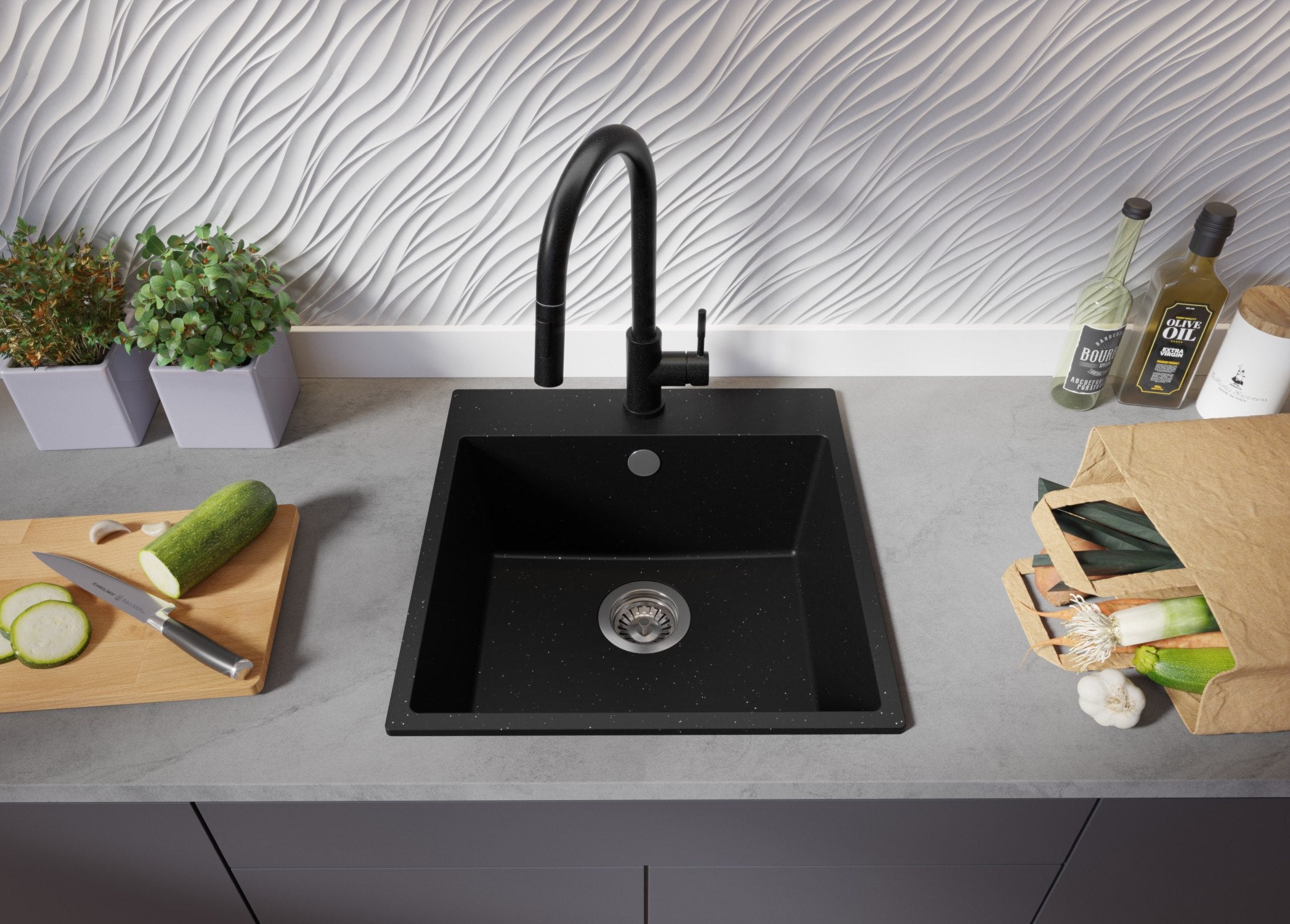Evier Cuisine en Granit Noir Métallisé 48x50cm, Lavabo 1 bac + Kit de Vidage, Évier à Encastrer au meuble 50cm - Riga PRIMAGRAN - 3