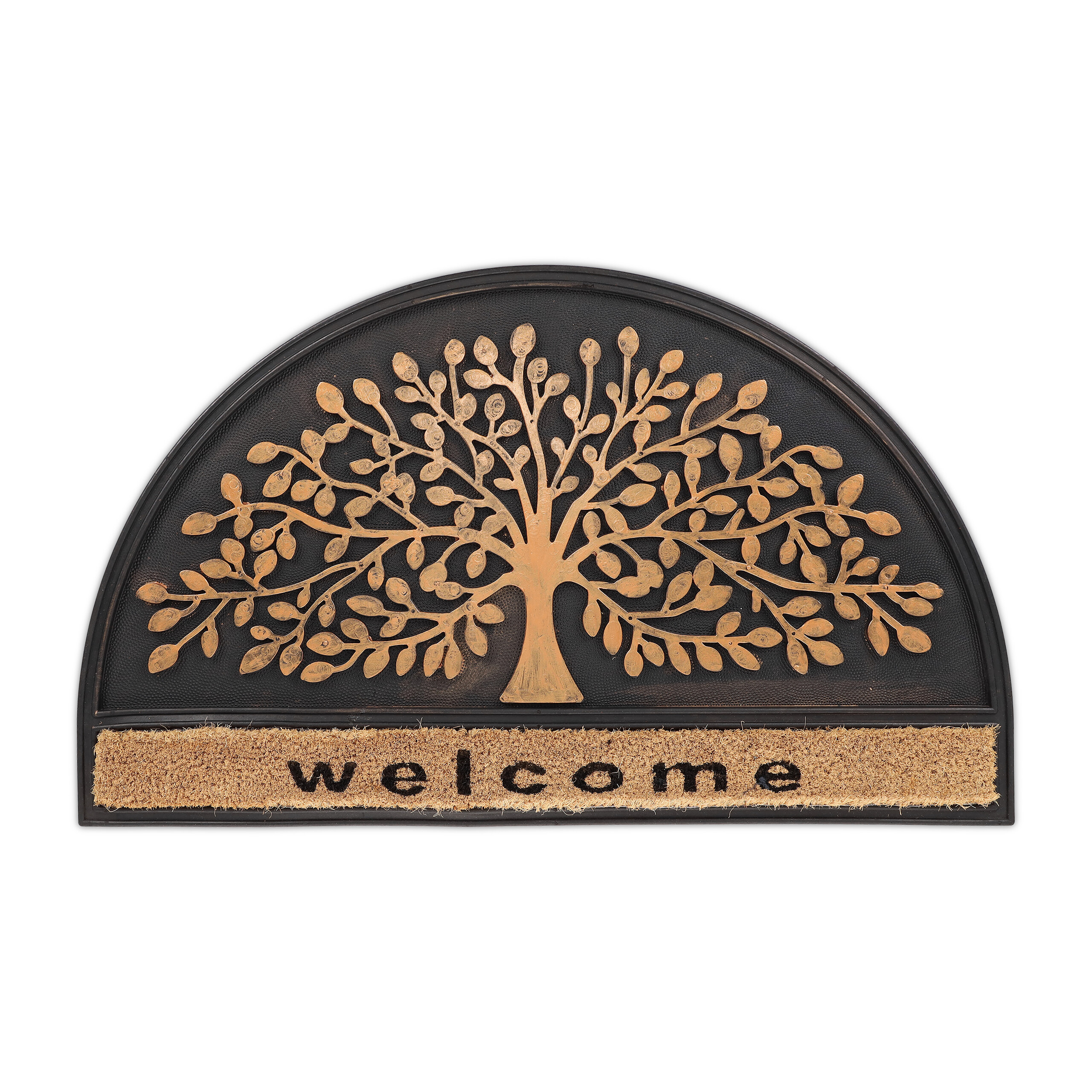 Relaxdays felpudo entrada, semicircular, con árbol y palabra welcome, 75x45cm, goma y coco, antideslizante, negro/bronce