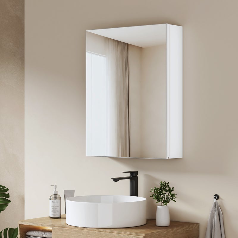 EMKE Szafka łazienkowa z lustrem 50x65x14,5 cm – 1 drzwiczki lustrzane z wbudowanym miejscem na przechowywanie, regulowane półki, matowa biel