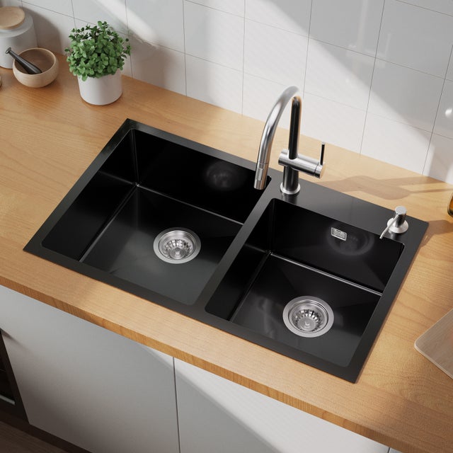AuraLum Max Évier à Encastré/à Poser 2 Bacs avec Distrubuteur de savon/Ensemble de drainage,Évier 75x45x19cm Inoxydable pour Cuisine,Noir,EU Modèle