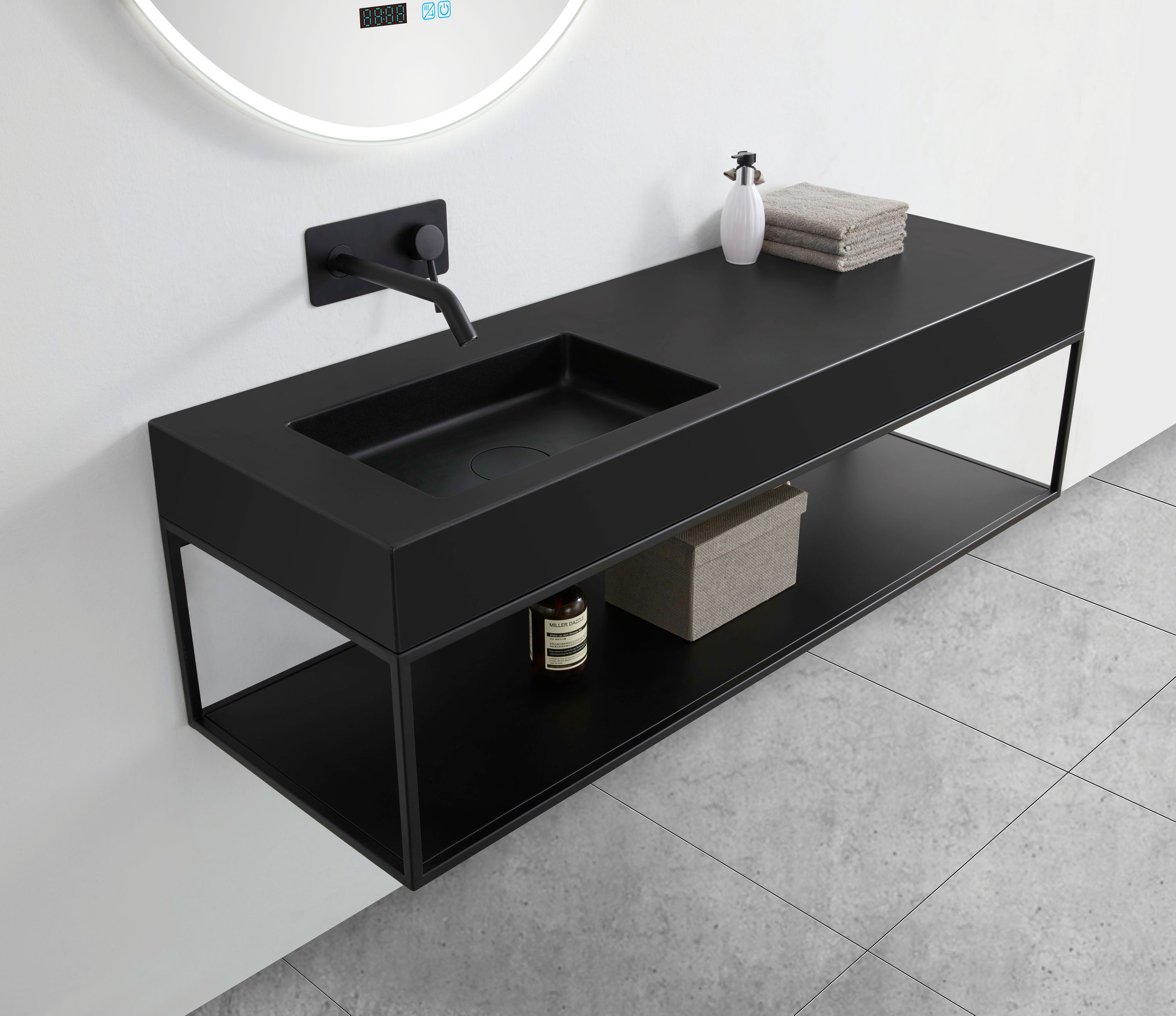 Bernstein Umywalka ścienna BA8012 odlew mineralny - czarny kwarc - 121 x 45 x 12 cm - konsola ścienna 121S