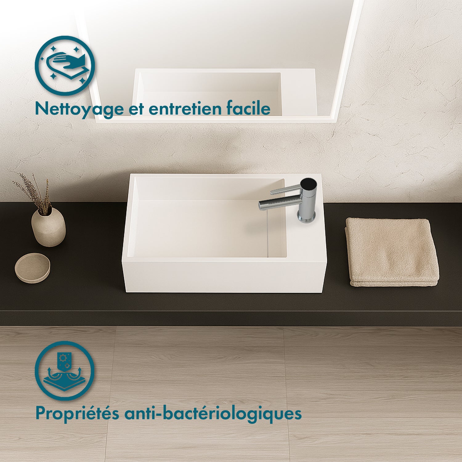 Lave-mains suspendu blanc mat MANITA D - Lavabo rectangulaire en Solid surface 35cm - 7