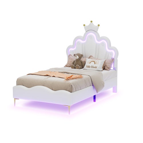 Łóżko pojedyncze 90x200 cm, łóżko księżniczki w kształcie korony, listwa świetlna LED ambient, PU, ​​białe - 4