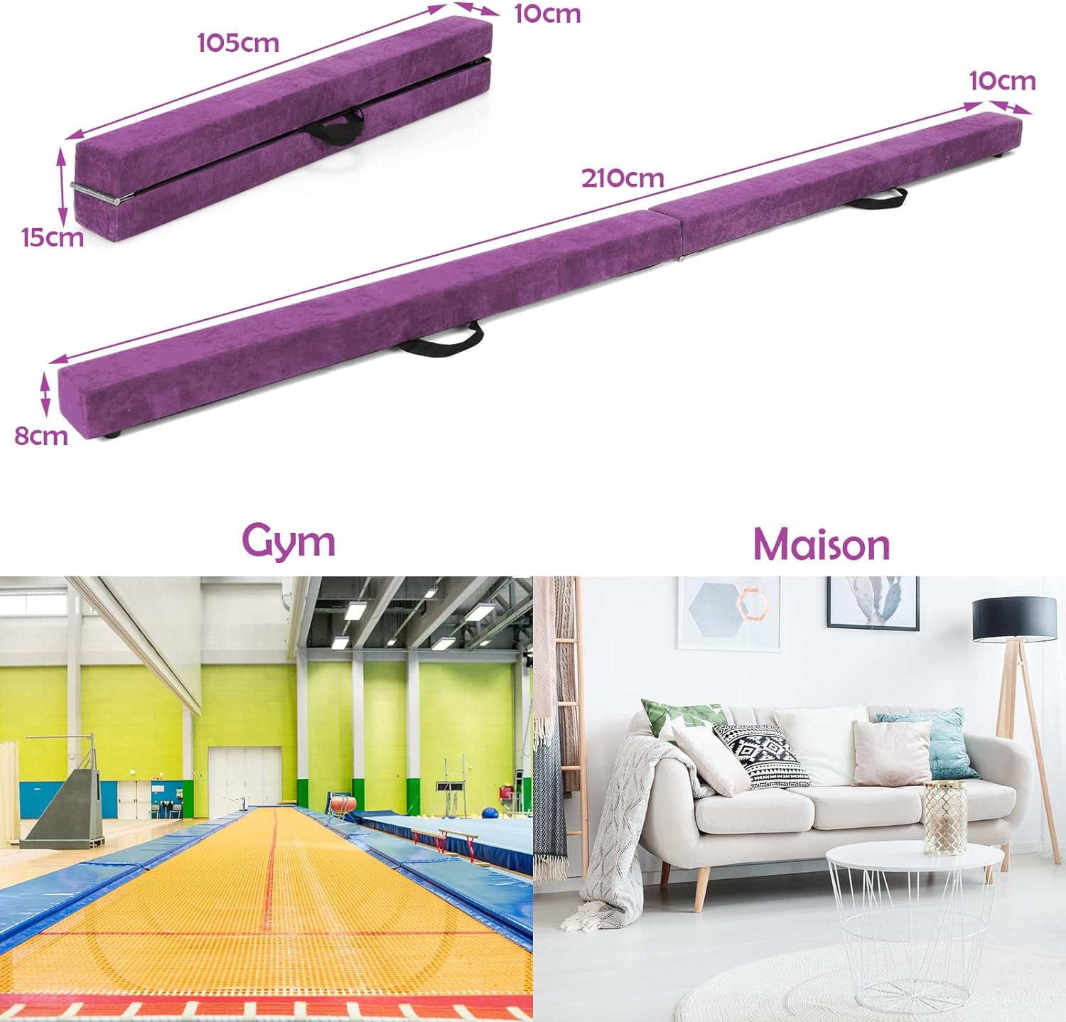 Poutre de Gymnastique Pliable 210cm pour Enfants Antidérapants Couverture en Daim Violet - 5