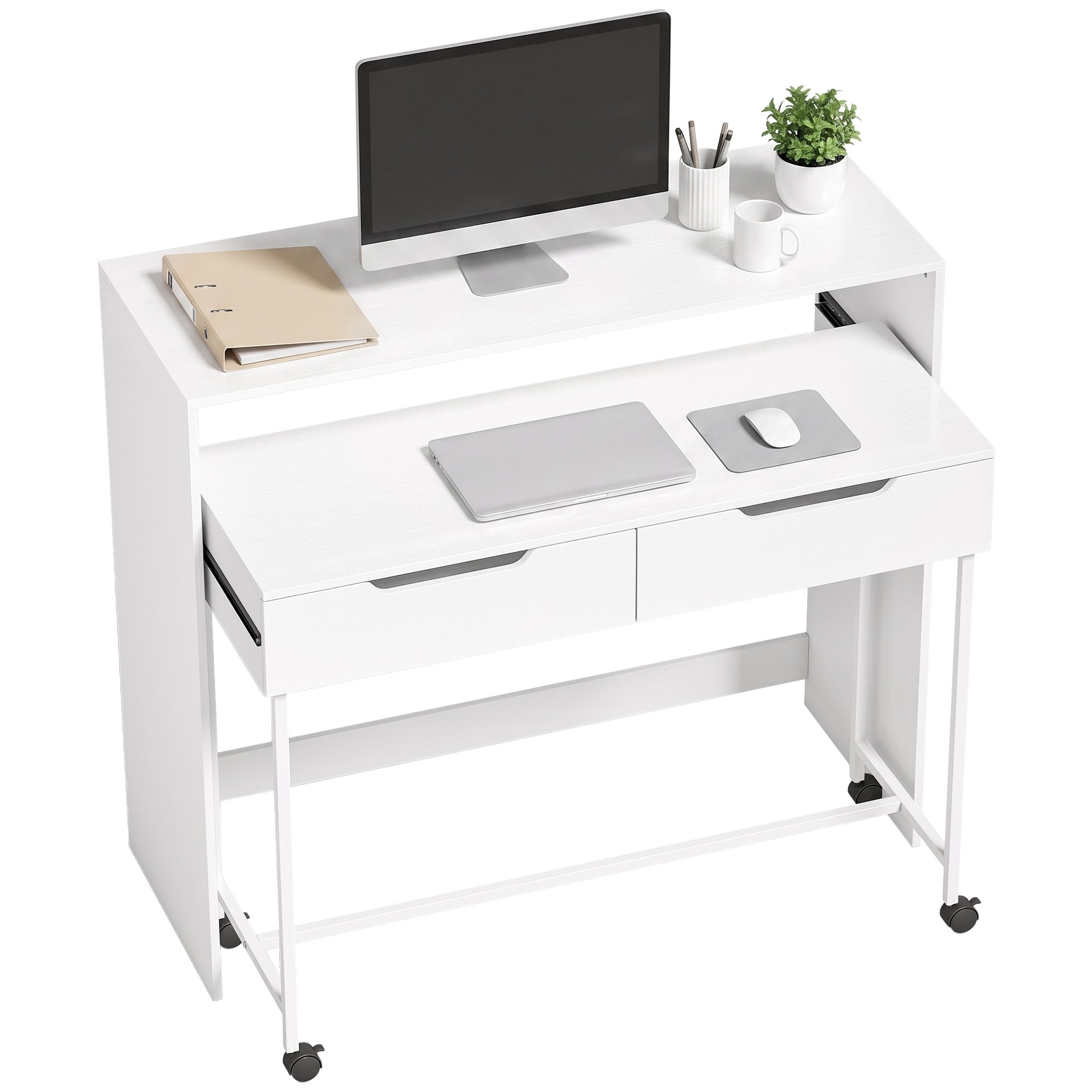 Bureau d'Ordinateur Extensible 100 cm avec 2 Tiroirs, Bureau avec ...