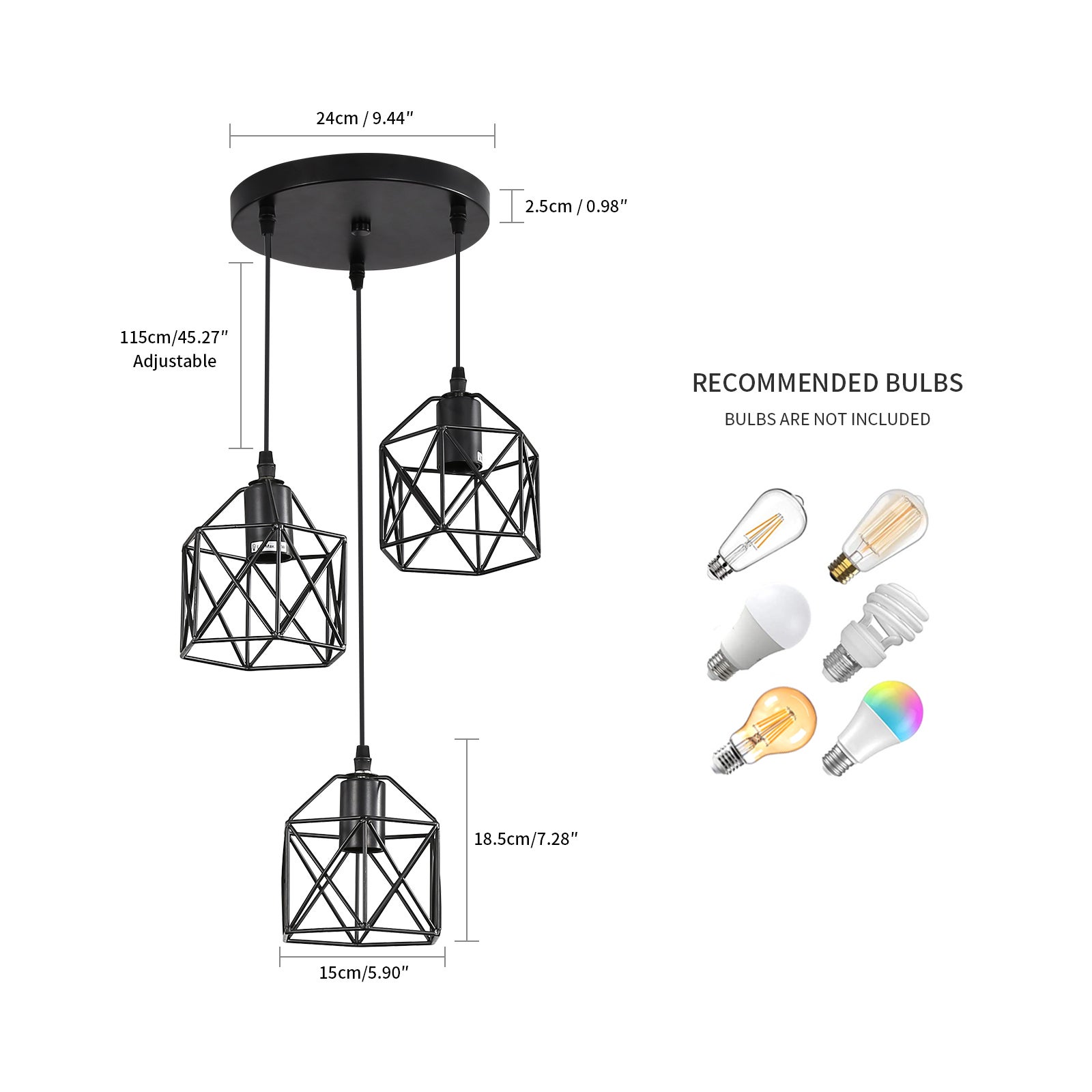 GOECO Suspension Luminaire Industrielle 3 Lumière avec 120cm Câble Réglable, E27 Luminaires de Plafond Semi-Encastrés Noirs Utilisé Dans Les Cuisines - 6
