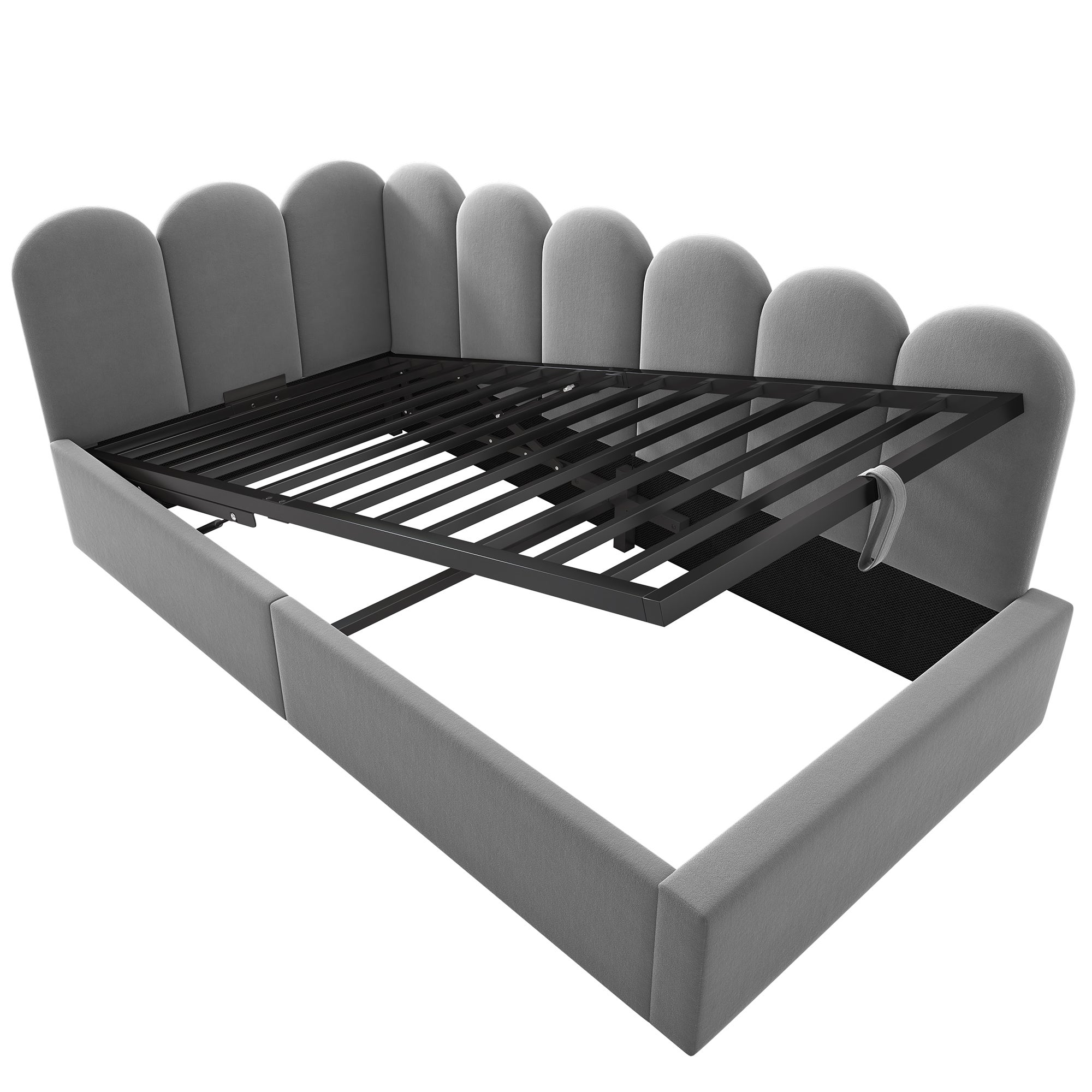 Rozkładana sofa 90 x 190 cm, z hydraulicznym schowkiem, metalowa, aksamitna, szara - 6