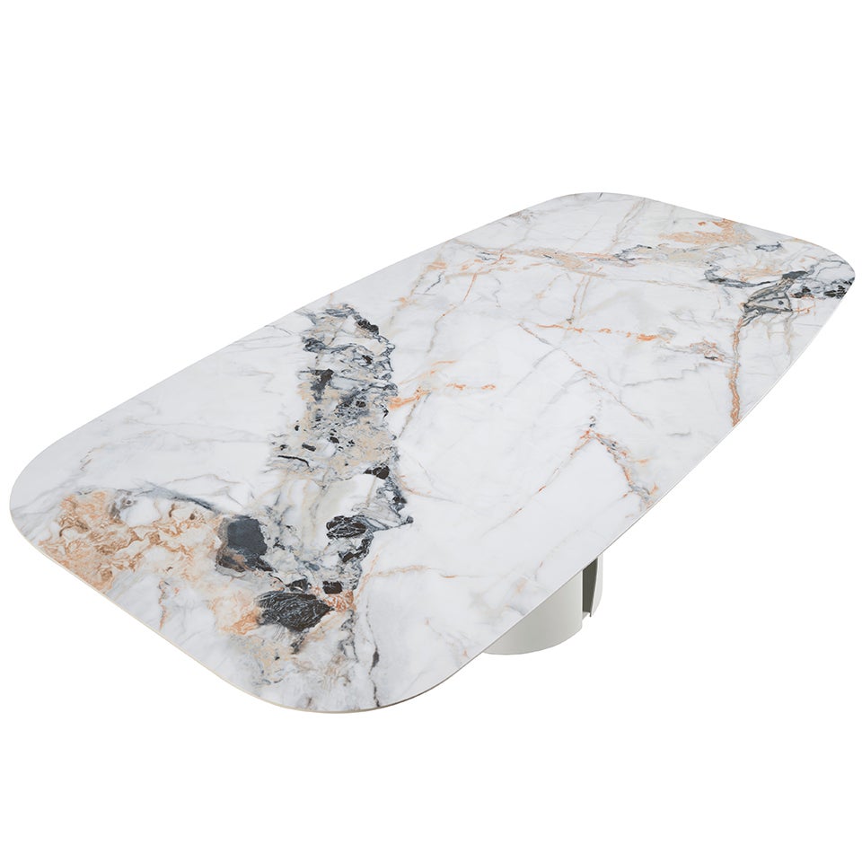 ANGEL CERDA Mesa comedor ovalada barril mármol porcelánico y acero blanco - 7