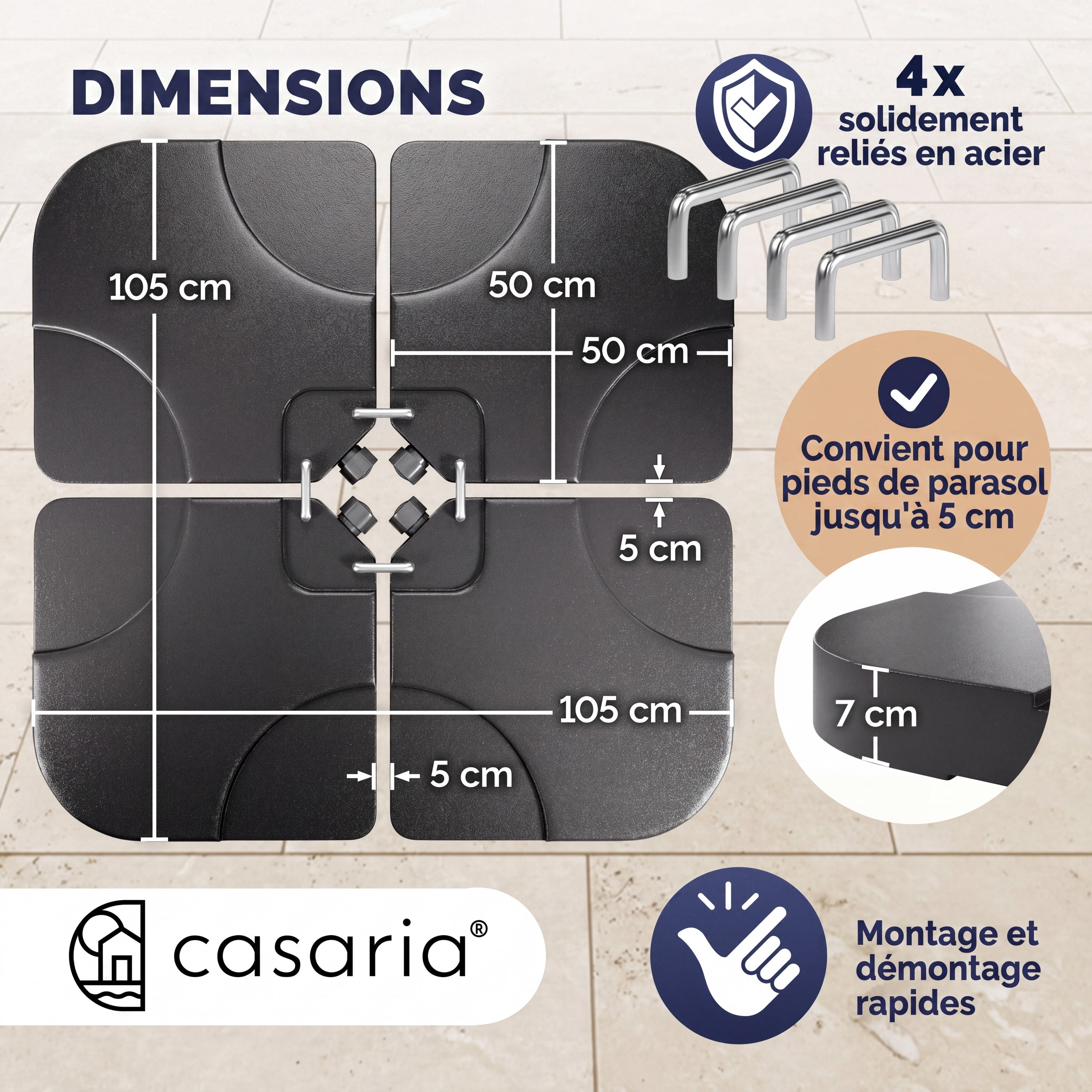 CASARIA® Set de 4 Dalles de Lestage HDPE Parasol avec Pied en croix Base 105x105cm Remplissable 60L Eau ou 80kg de Sable Support de parasol - 3