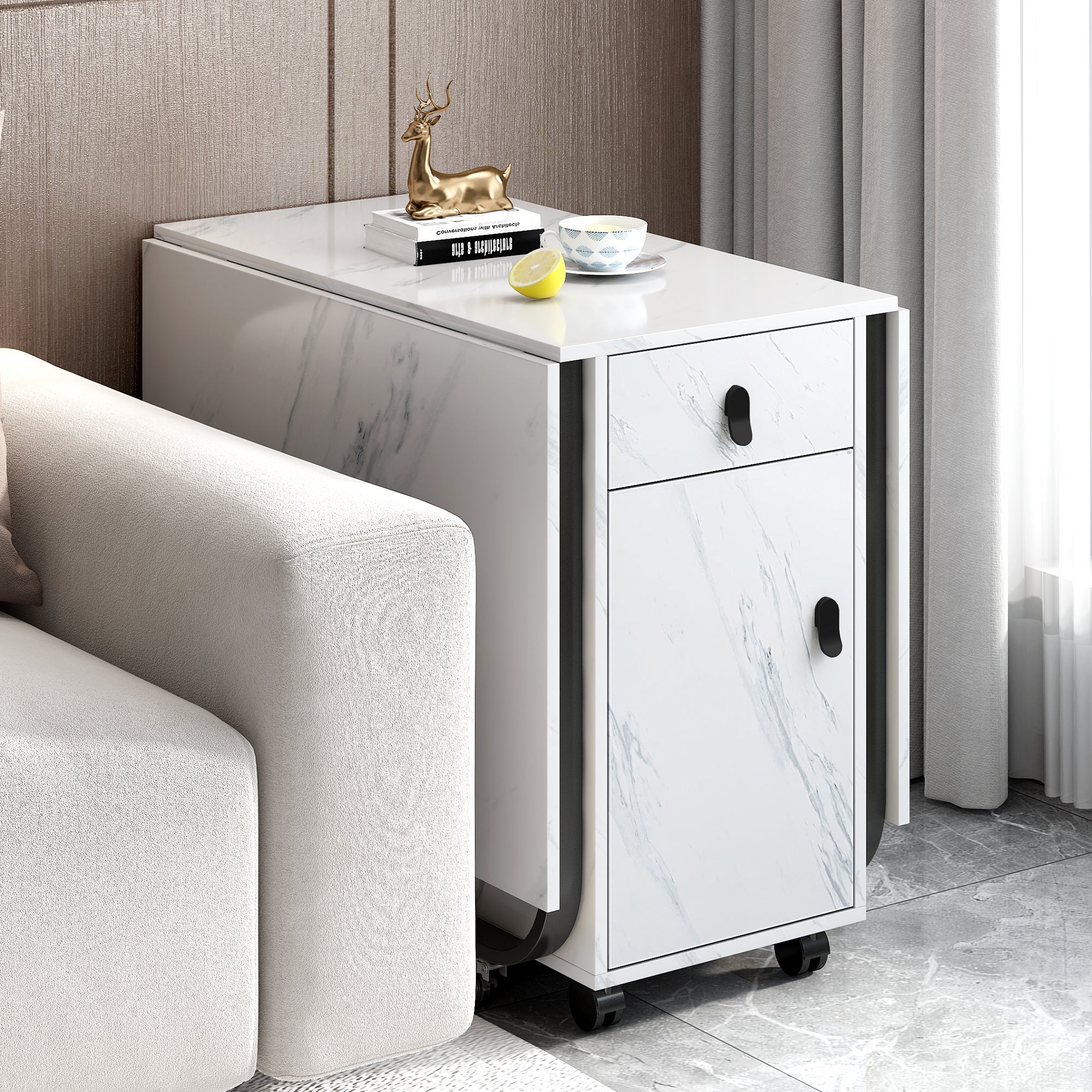 Table de salle à manger rabattable 150x80x76 cm avec 2 tiroirs, armoire, rangements, en MDF, couleur blanche et noire - 4