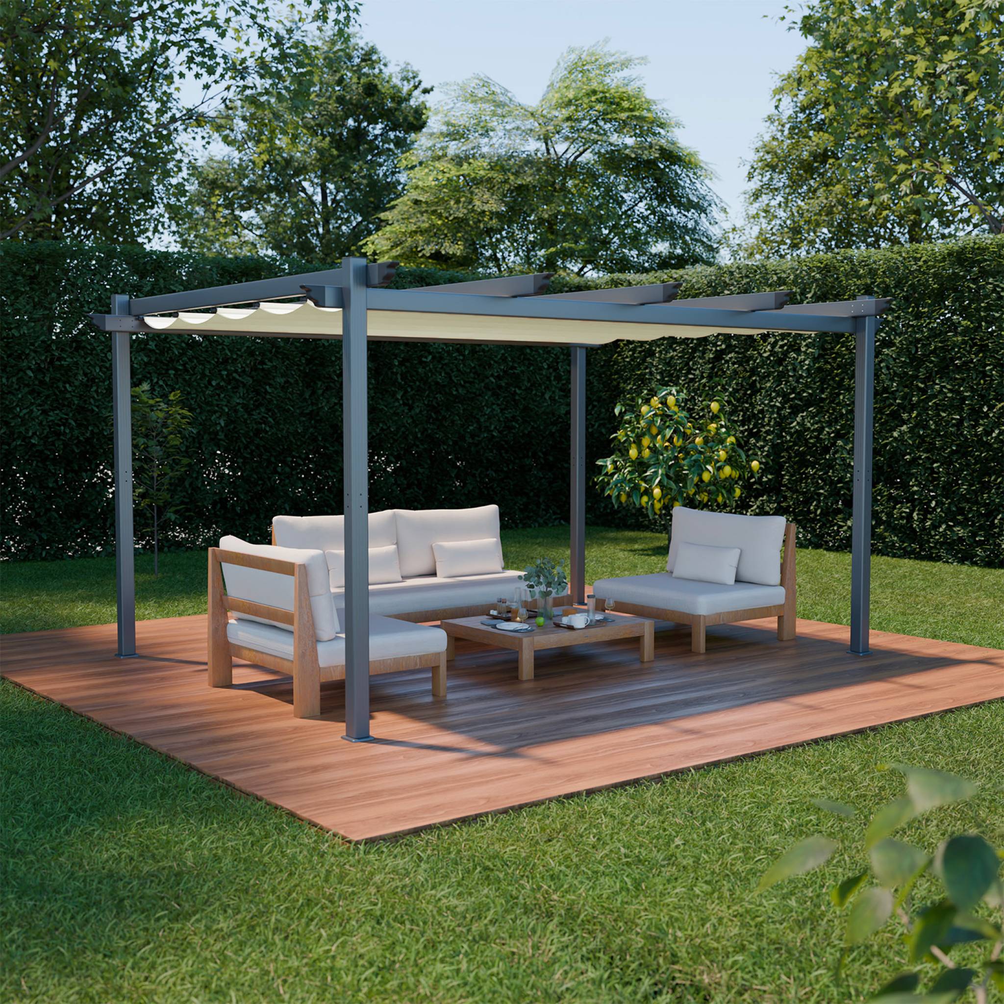 Pergola aluminium - Isla 3x4m - Toile écru- Tonnelle idéale pour votre terrasse. toit rétractable. toile coulissante. - 2