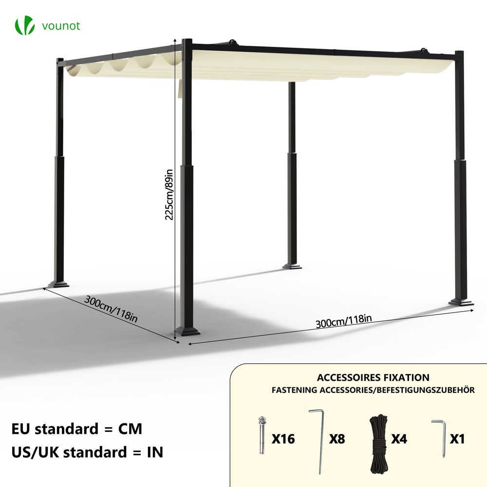 Pérgola Autoportante con Techo Retráctil 3x3m, Carpa Cenador Estructura Metálica Lona Corredera Poliéster 180g/m², Beige - 3