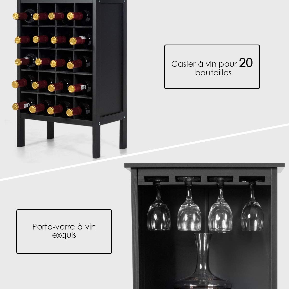 Casier a Vin, avec 20 Emplacements et Porte-gobelet, Etagere a Bouteille en Pin 42 x 24,5 x 96 CM pour Cave, Collier, Cuisine, Salon, Chambre (Noir) - 2