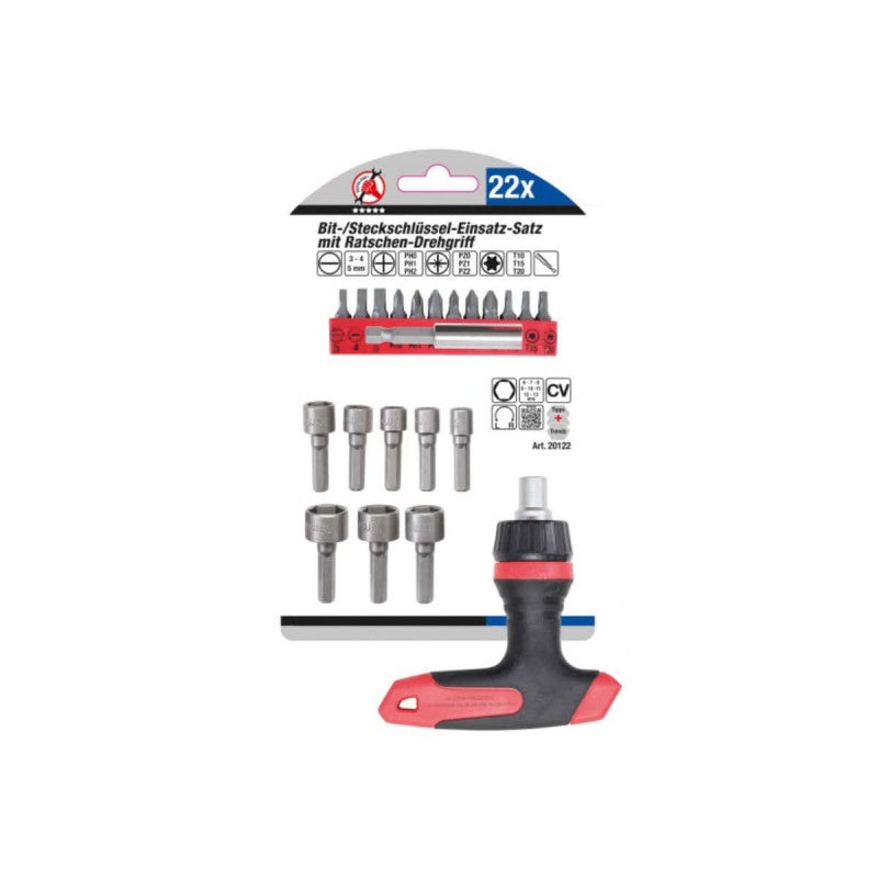 Serie di inserti e bussole | con impugnatura portainserti magnetica girevole, reversibile | versione con impugnatura a T | 22 pz. - 2