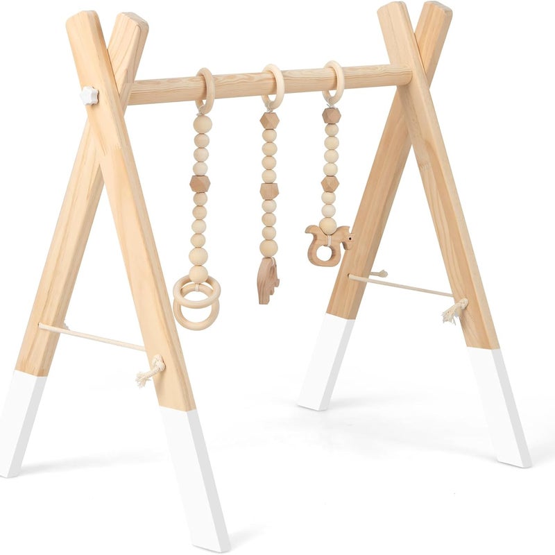Portyk Edukacyjny z Zawieszonymi Grami z Drewna, Składana Łukowa Konstrukcja z Trójkątną Ramą, Łuk Aktywności dla Dzieci Powyżej 3 Miesięcy (Biały)